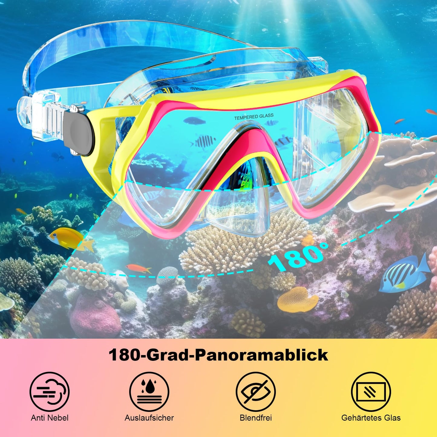 Adult snorkeling set includes adult snorkel mask with 180° panoramic view, anti-fog tempered glass, and adjustable silicone strap for snorkeling and swimming.