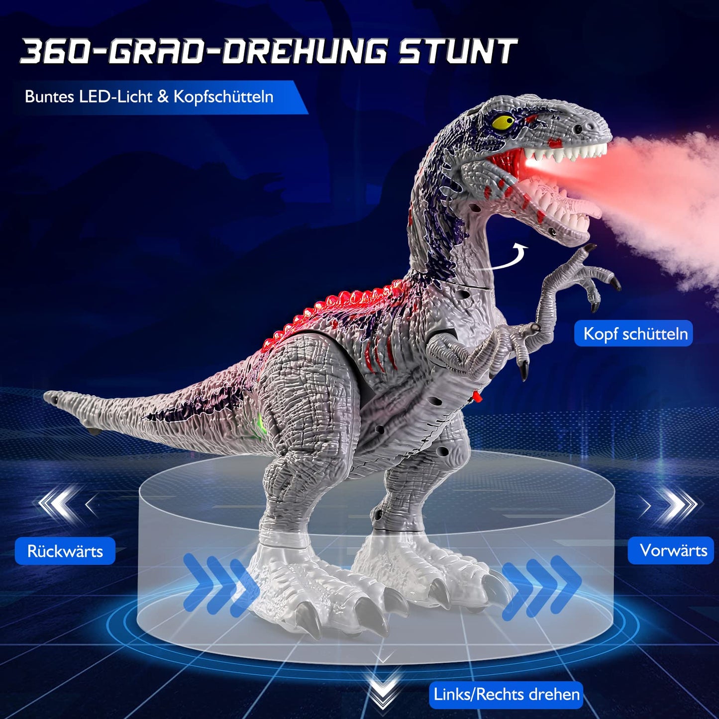BAZOVE Remote Control Dinosaur Toy, 2.4GHz Electronic RC Velociraptor Dino Toy with 360° Spin Stunt, Spray function, Roaring and LED Light, Gift for Boys Girls 3+ Years