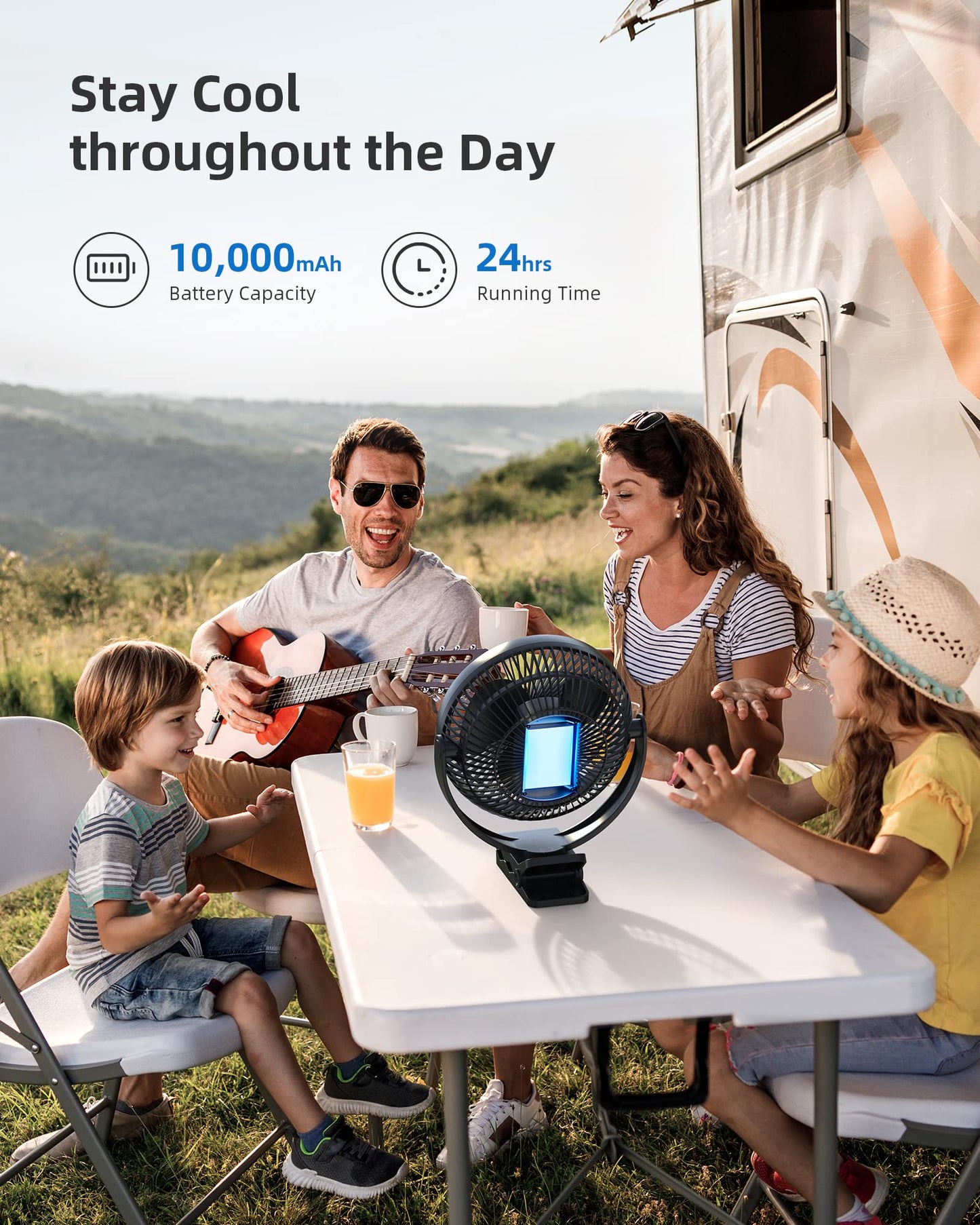 Koonie 10000 mAh clip-on fan, 20cm portable USB fan with battery, 4 speeds & 360° rotation, quiet wall fan, table fan for home, office, stroller, camping, grow tent.