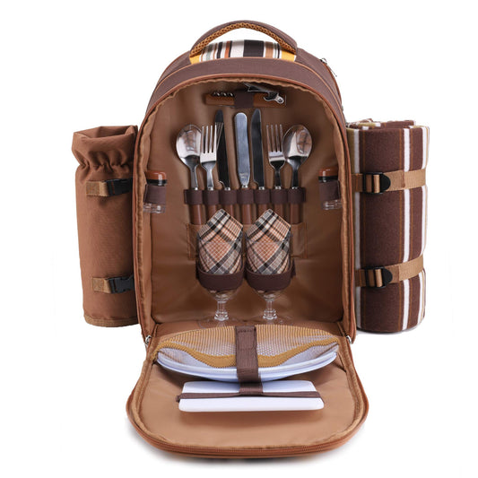 Apollo Walker picnic backpack for 2 people picnic set (set & blanket) thermal bag coolers for camping, beach, hiking Brown