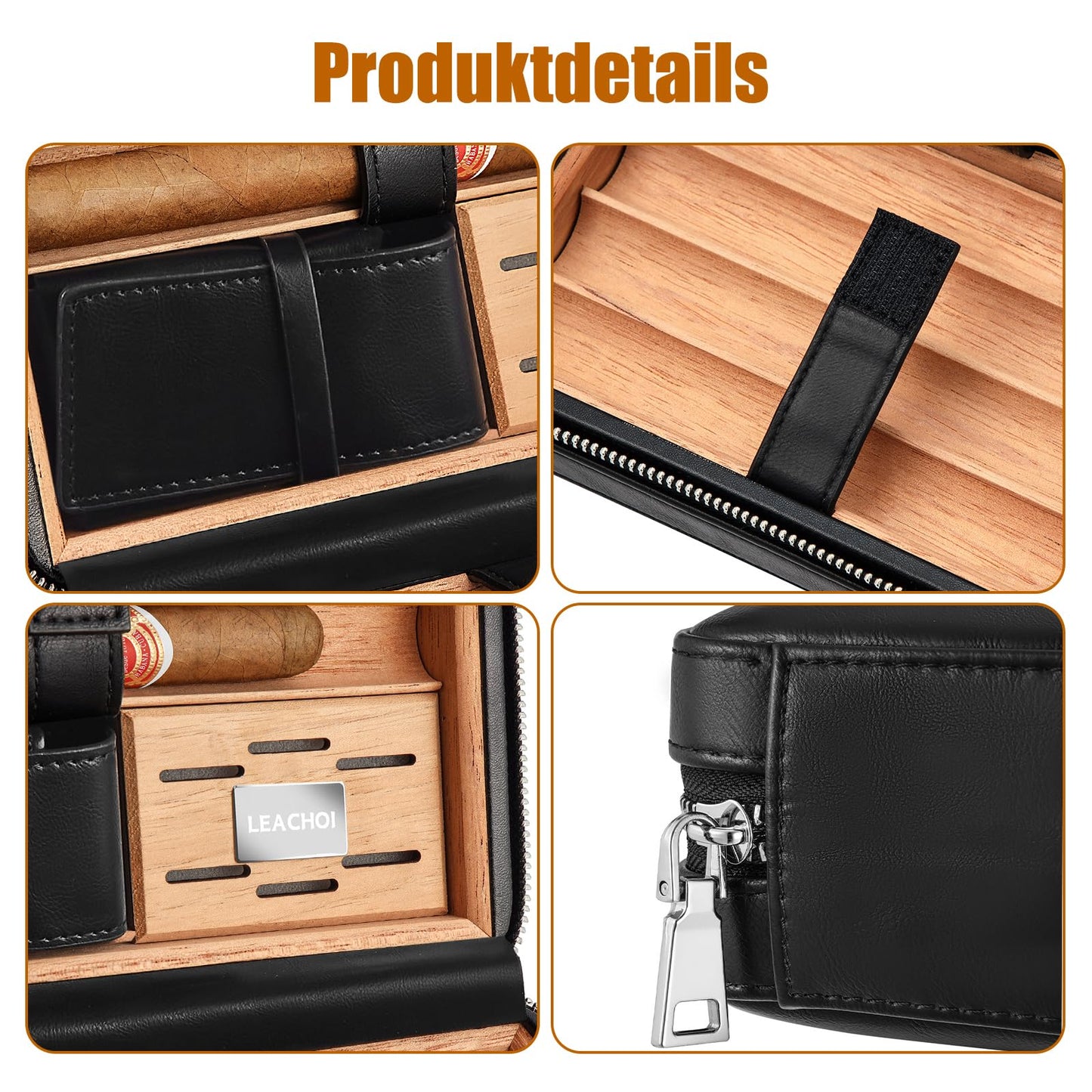 LEACHOI Leather Cigar Travel Humidor, cigar case with lighter and cigar cutter, cigar accessory set, cigar gift set, Holds up to 6 cigars.