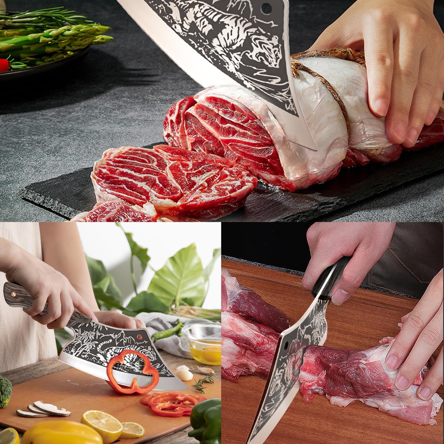 iPatio Japanese knife kitchen knife professional knife, Original Japanese chef's knife in damascus steel, cleaver boning knife with leather sheath, kitchen knife outdoor knife for kitchen camping BBQ.