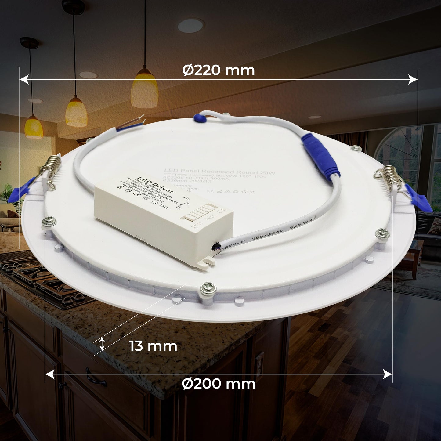 LED ATOMANT Pack of 10 LED Recessed Downlights Round Flat 220mm 20W, CCT (color temperature switch warm white, neutral white, or cool white), Diameter 200mm, 1800 lumens, Includes driver.