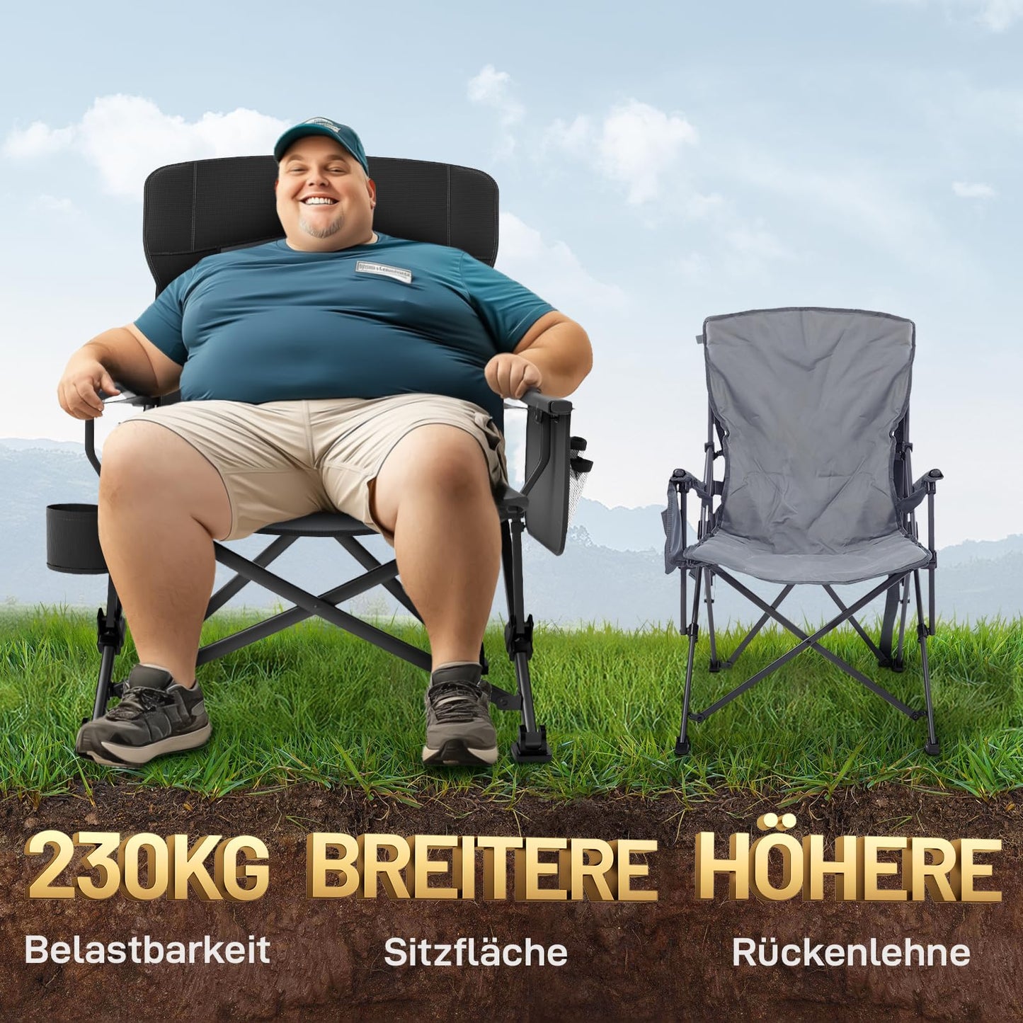 Ever Advanced folding camping chair supports up to 230KG. XL size with lumbar support, 62cm wide seat, side pocket, and drink holder. Great for camping, outdoor activities, balcony, and garden.