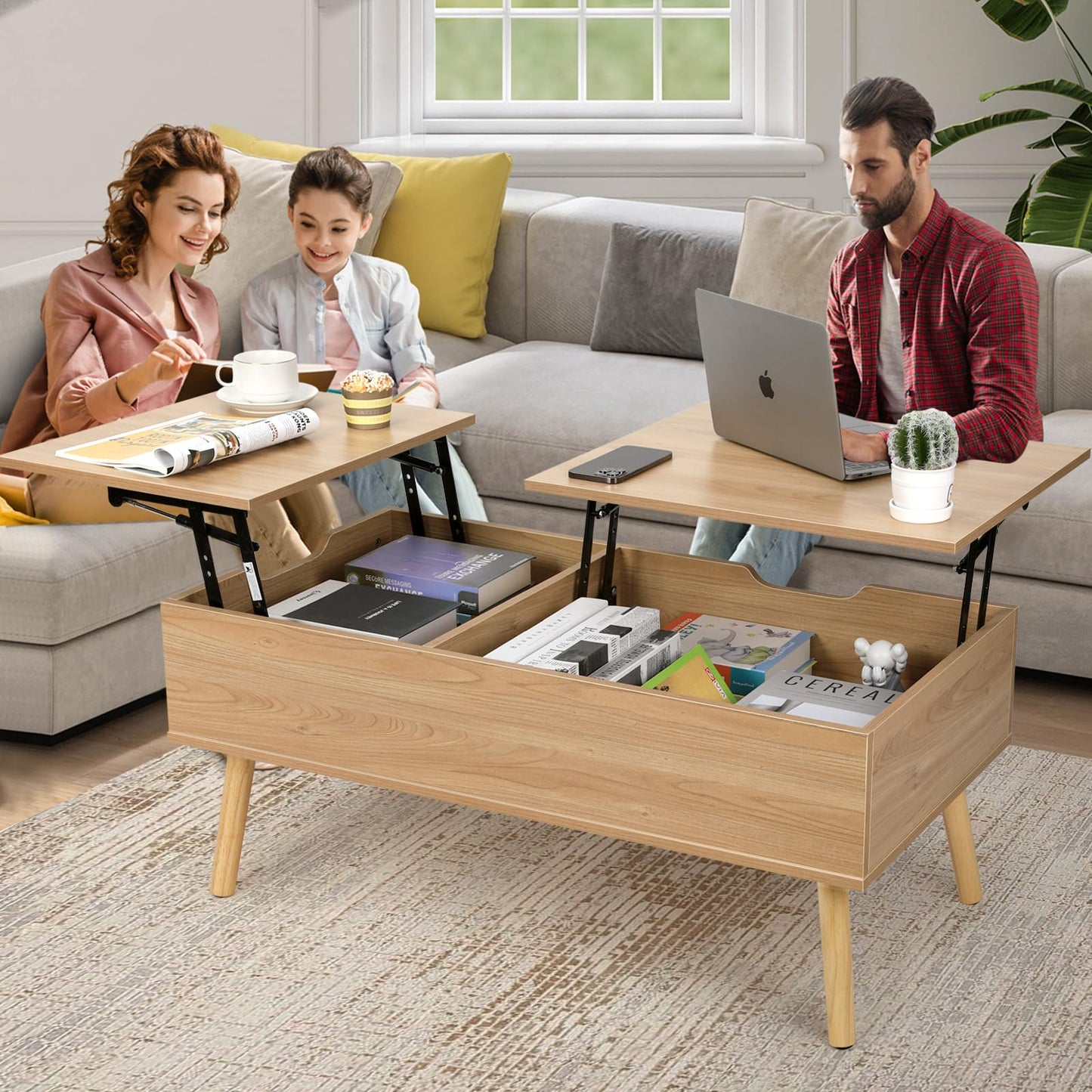 VOWNER coffee table, height adjustable, extendable, retractable living room table, separate hidden storage compartment, double lifting plate, wood color.