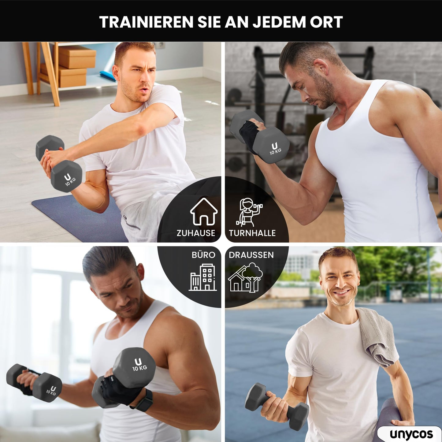 unycos - Neoprene dumbbells【2 sets, 10 kg】Hexagon dumbbells, Non-slip for women and men, Anti-roll design, Gym, Strength training, Pilates, Home fitness equipment (Dark grey)