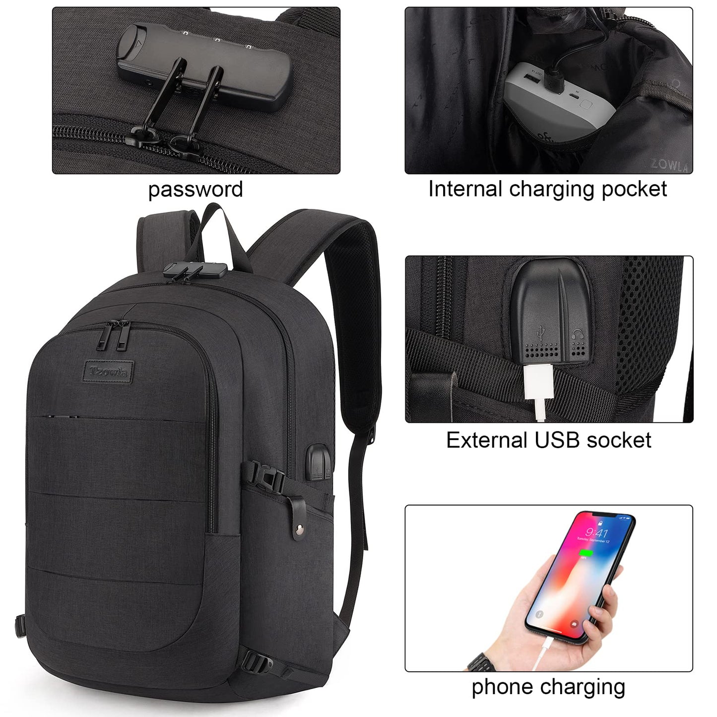 Tzowla Laptop Backpack for Men and Women, Travel Backpack Waterproof Anti-Theft with USB Charging Port and Lock for 15.6 Inch Notebook, Slim Business Work Casual Daypack-Black
