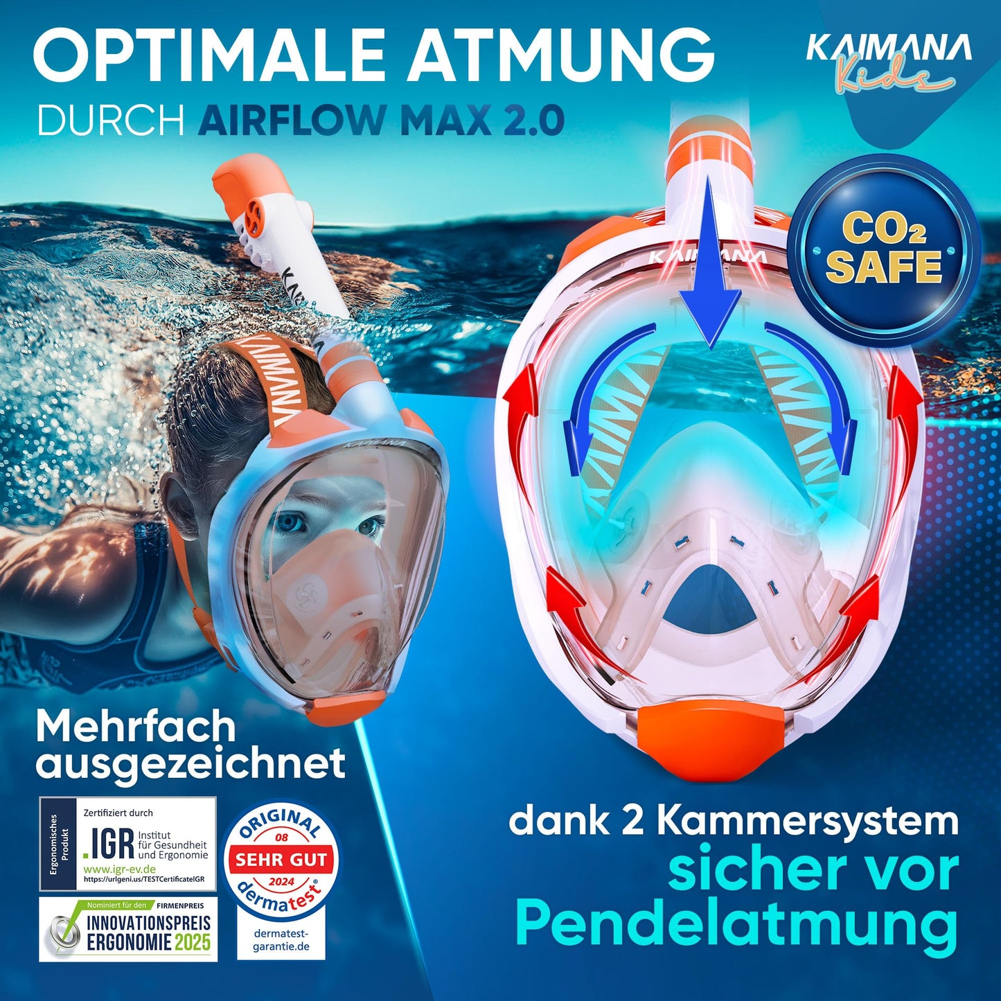 The award-winning KAIMANA® snorkel mask for children with carrying case - completely CO₂ safe diving mask for kids - diving mask - diving goggles for kids 4 years of age - snorkel mask
