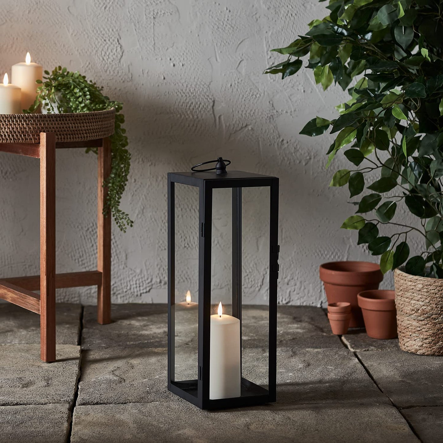 Lights4fun Bowen Metal Lantern in Black with TruGlow® LED Candle for Outdoor and Indoor Use. 45cm Garden Decoration for Balcony.