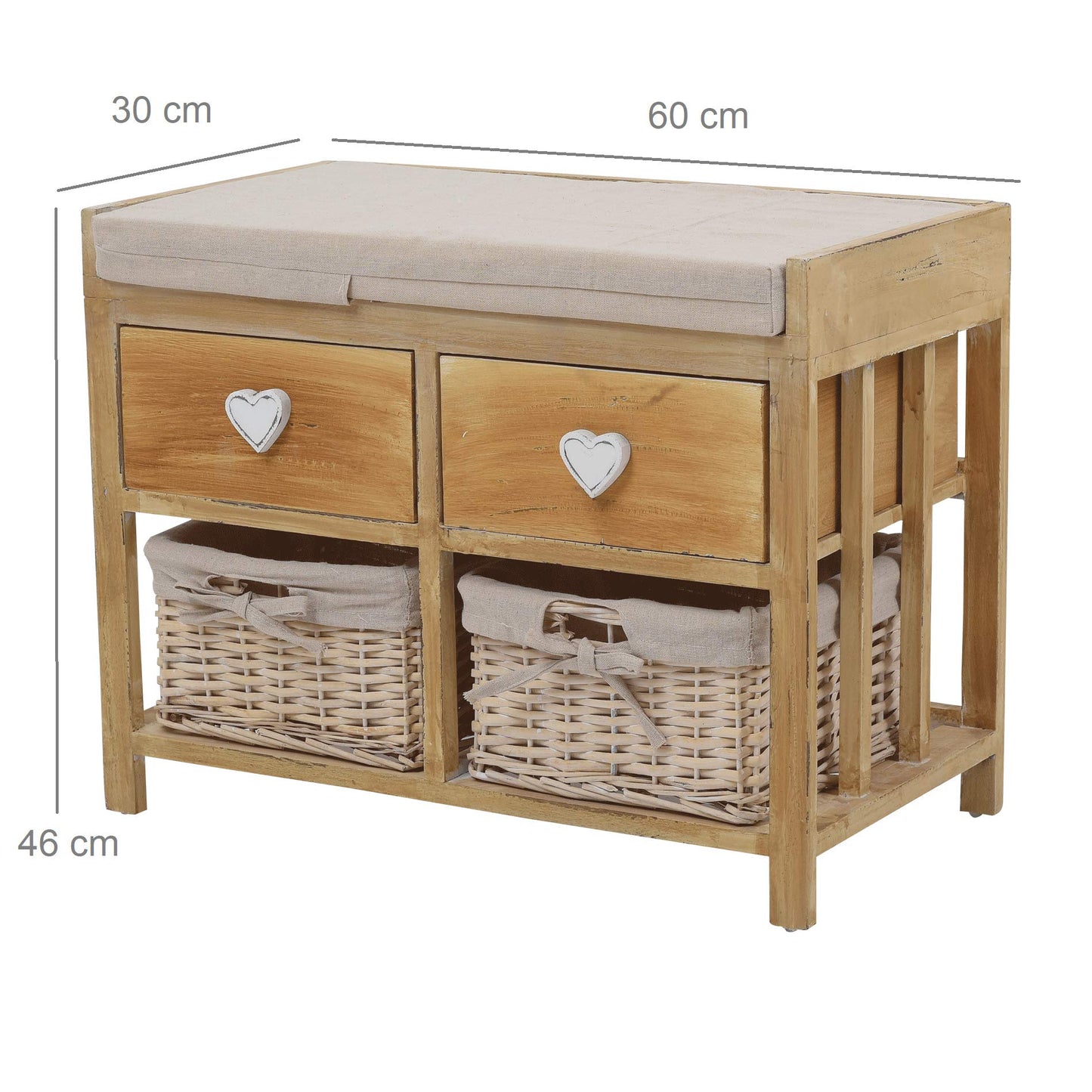 Rebecca wooden bench and wicker baskets, comfortable seat bench with 2 drawers and 2 wicker baskets, beige, shabby chic, for entryway or bedroom - Dimensions: 46 x 60 x 30 cm (HxLxB) - Art. RE4159
