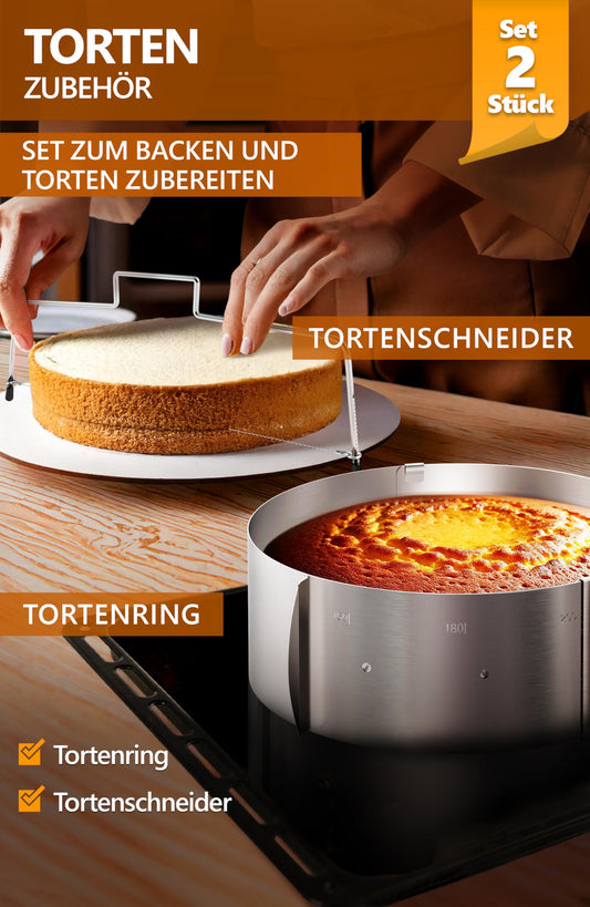 4smile Cake Accessory Set 2 pieces - adjustable cake ring height 8.5 cm + cake cutter - stainless steel baking accessory, functional baking set for baking and cake preparation.