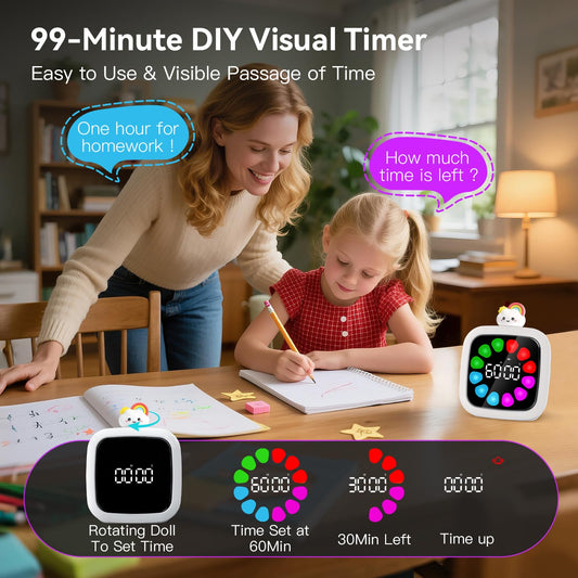 Yunbaoit Digital Visual Timer for Kids, Rechargeable Countdown Timer for 99 Minutes with 9 Optional DIY Colored Petal Display, Time Management Tool with Pause Function (3 Models)
