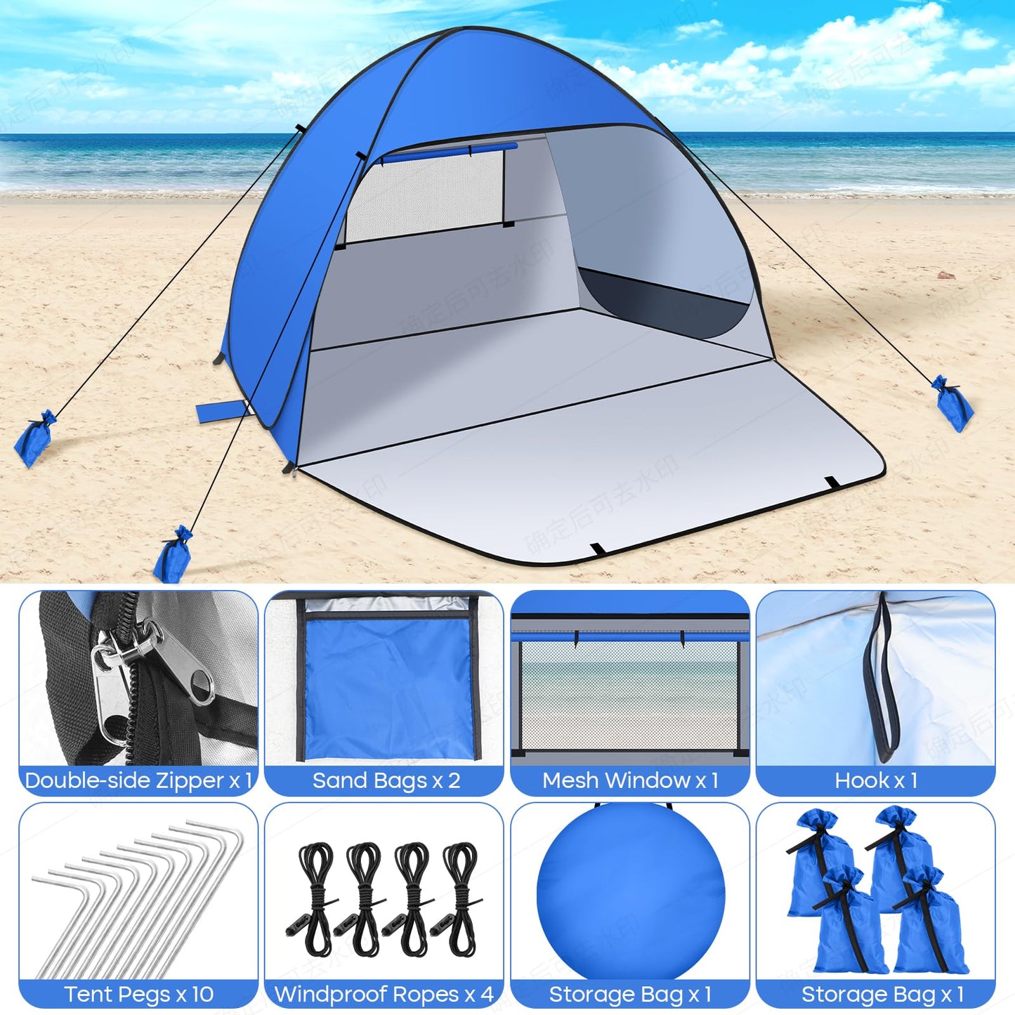 Jsdoin Beach Shelter Pop Up with UV Protection, Pop Up Tent Beach Tent, Suitcase Suitable Tent for L (2-3) People/XL (3-4) People incl. Pop-up Beach Tent for Camping Garden Families with Carry Bag.