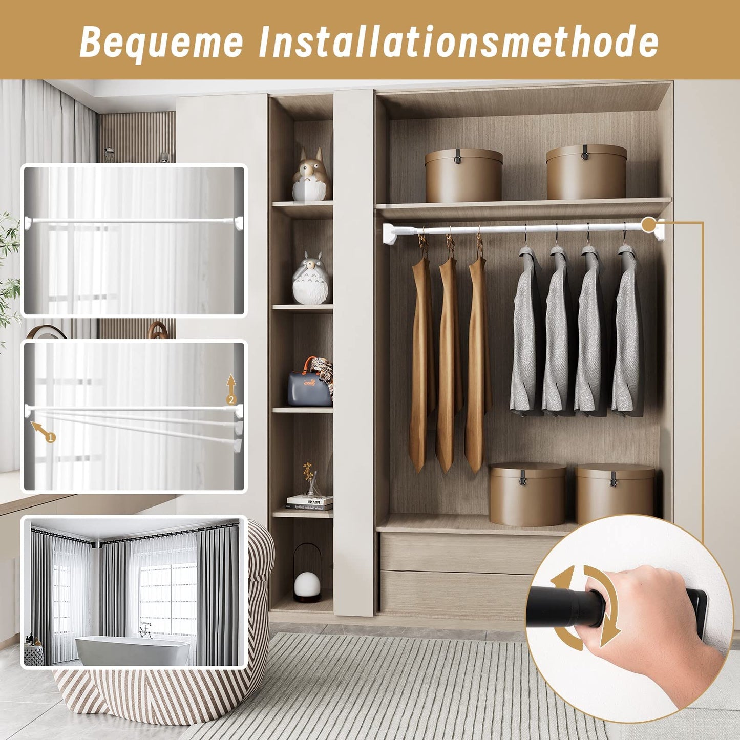 Extra strong telescopic rod with screw tension - curtain rod & clothes rail without drilling, 75-120 cm, Ø33 mm, holds up to 85 kg, for curtains, clothing, bathrooms, closets, niches, windows & doors.