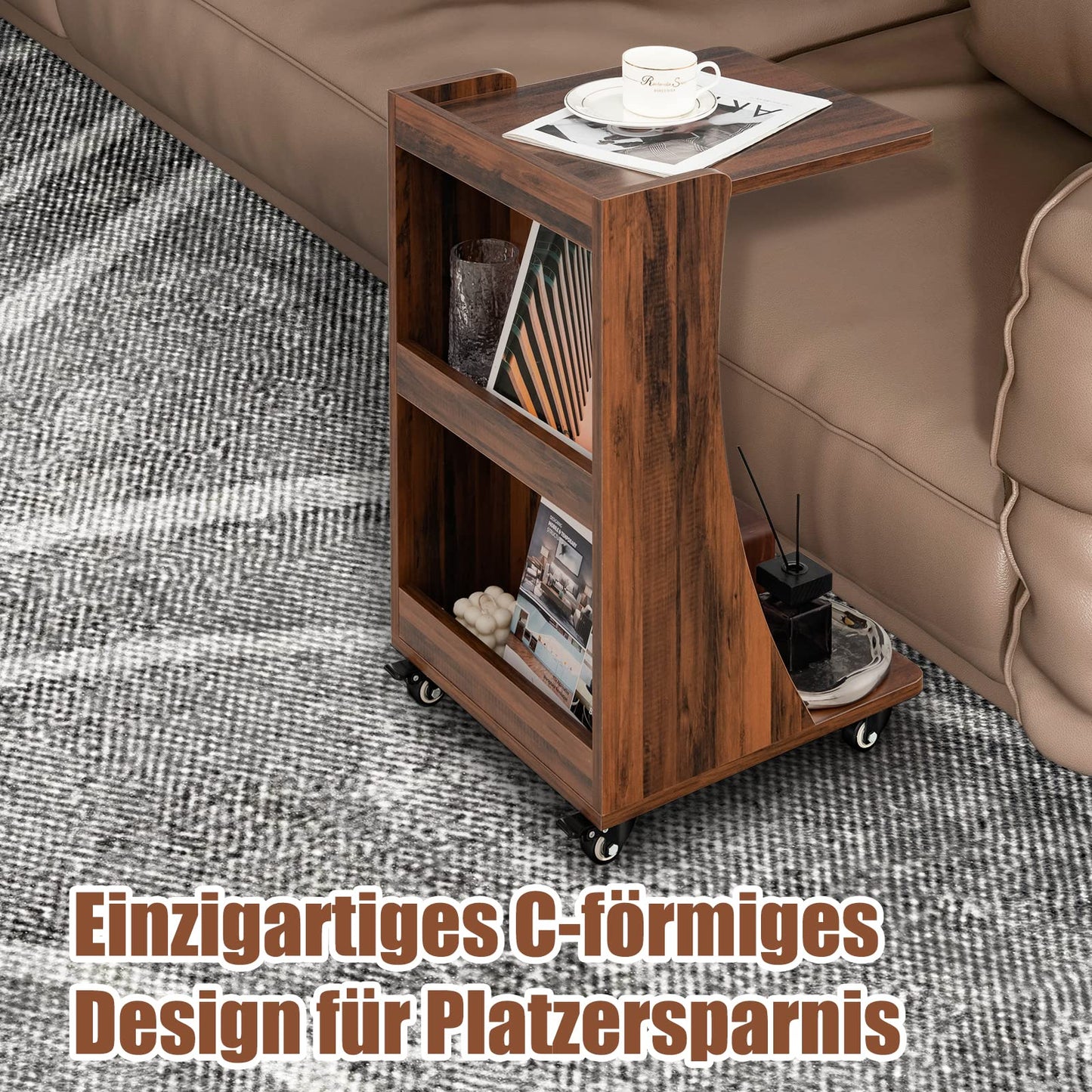 COSTWAY side table with wheels, mobile sofa table with 2 rear storage shelves, C-shape, coffee table for living room, bedroom, 42.5 x 38 x 67 cm, vintage brown.