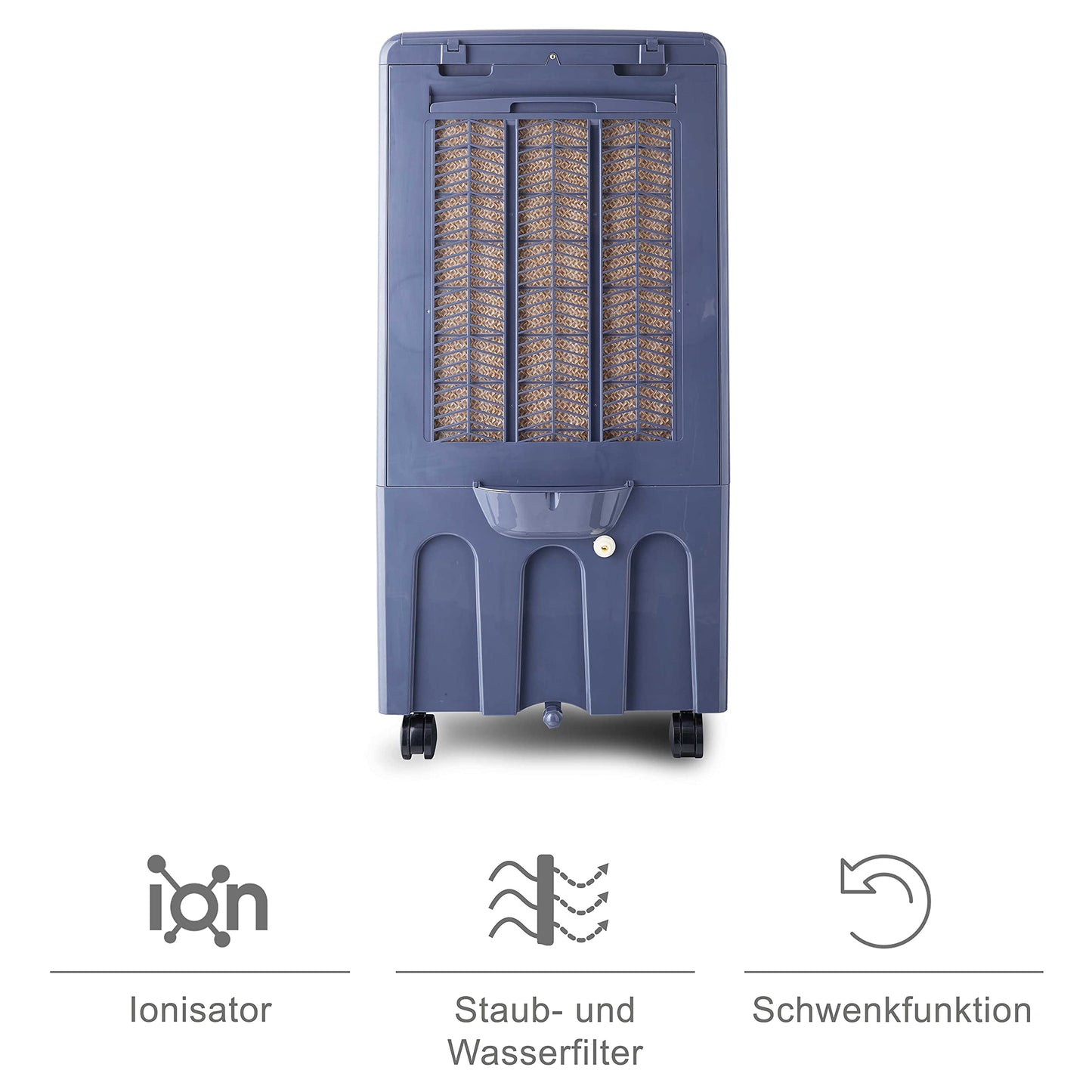 BE COOL air cooler with water cooling, 3-in-1 evaporative cooler, humidifier, fan, oscillation function, air purifier with ionizer, 4 speeds, 63 liter water tank, timer, white/gray.