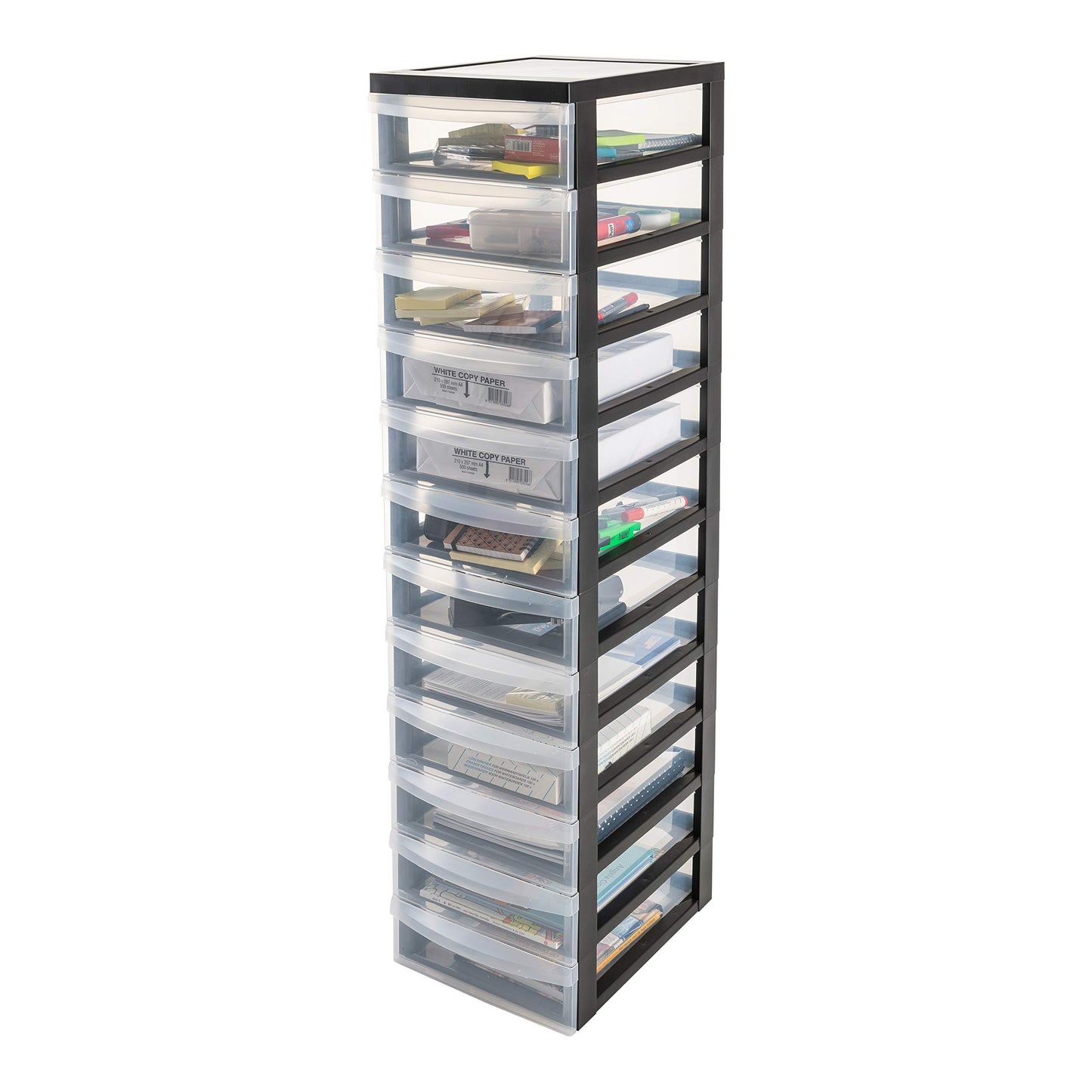 Iris Ohyama plastic drawer box with wheels, 12 flat drawers, black, pull handles, for bedroom, bathroom, school & office, BPA-free, drawer cabinet, rolling container, A4 Drawer, DC-012