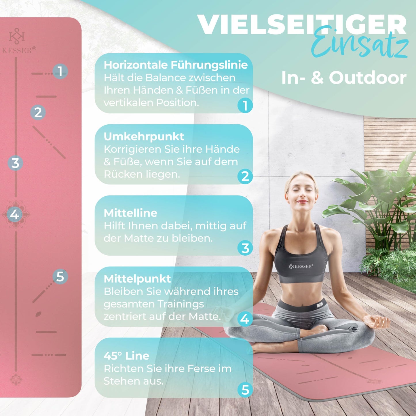 KESSER® Gymnastics mat with carry strap, non-slip TPE yoga mat Padded & non-slip fitness mat, 183 x 61 workout mat for fitness exercise mat, Pilates & gymnastics + carry strap & bag, extra thick