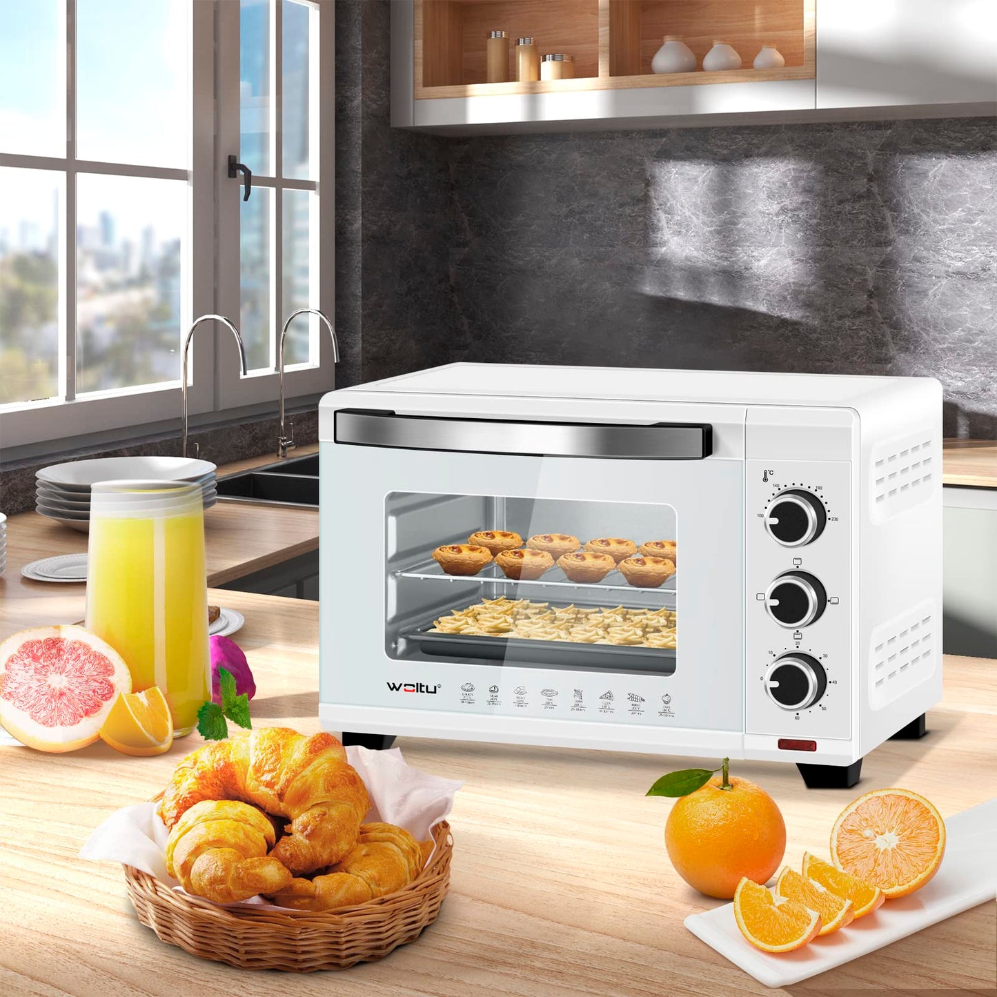 WOLTU Mini oven 21 L, electric mini oven, toaster oven, pizza oven, 1280 W, 100-230 °C, timer 60 min., top/bottom heat, double glazing, white