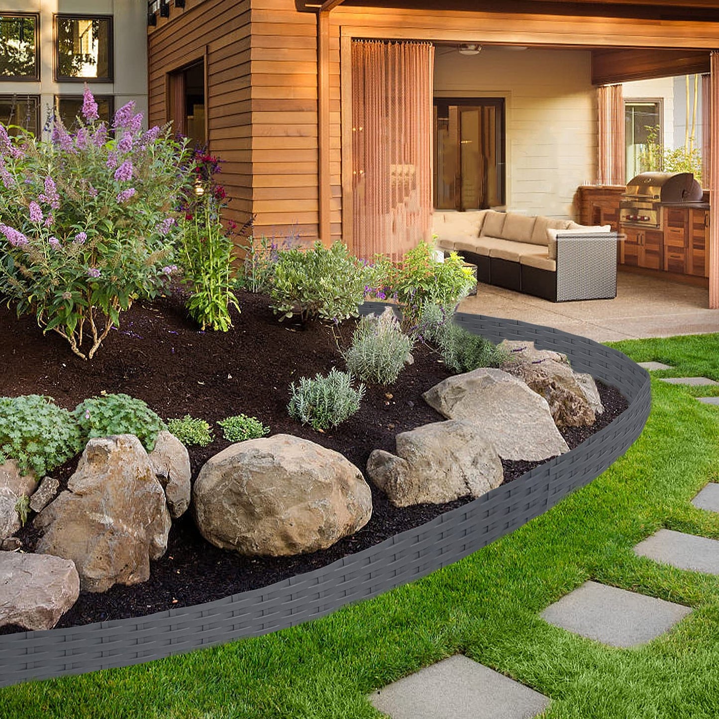 5m Rattan lawn edging plastic with 5 elements of 100 cm each. Rattan-look design, flexible for garden borders. Bendable edging for lawns, flower beds in anthracite color.