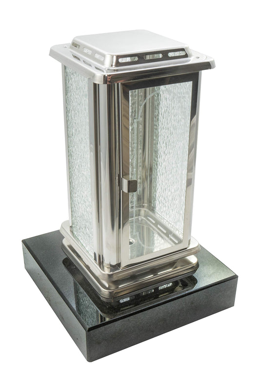 Art-Köhl grave lantern made of polished stainless steel mounted on a granite base, grave lamp (front panel without cross, black).