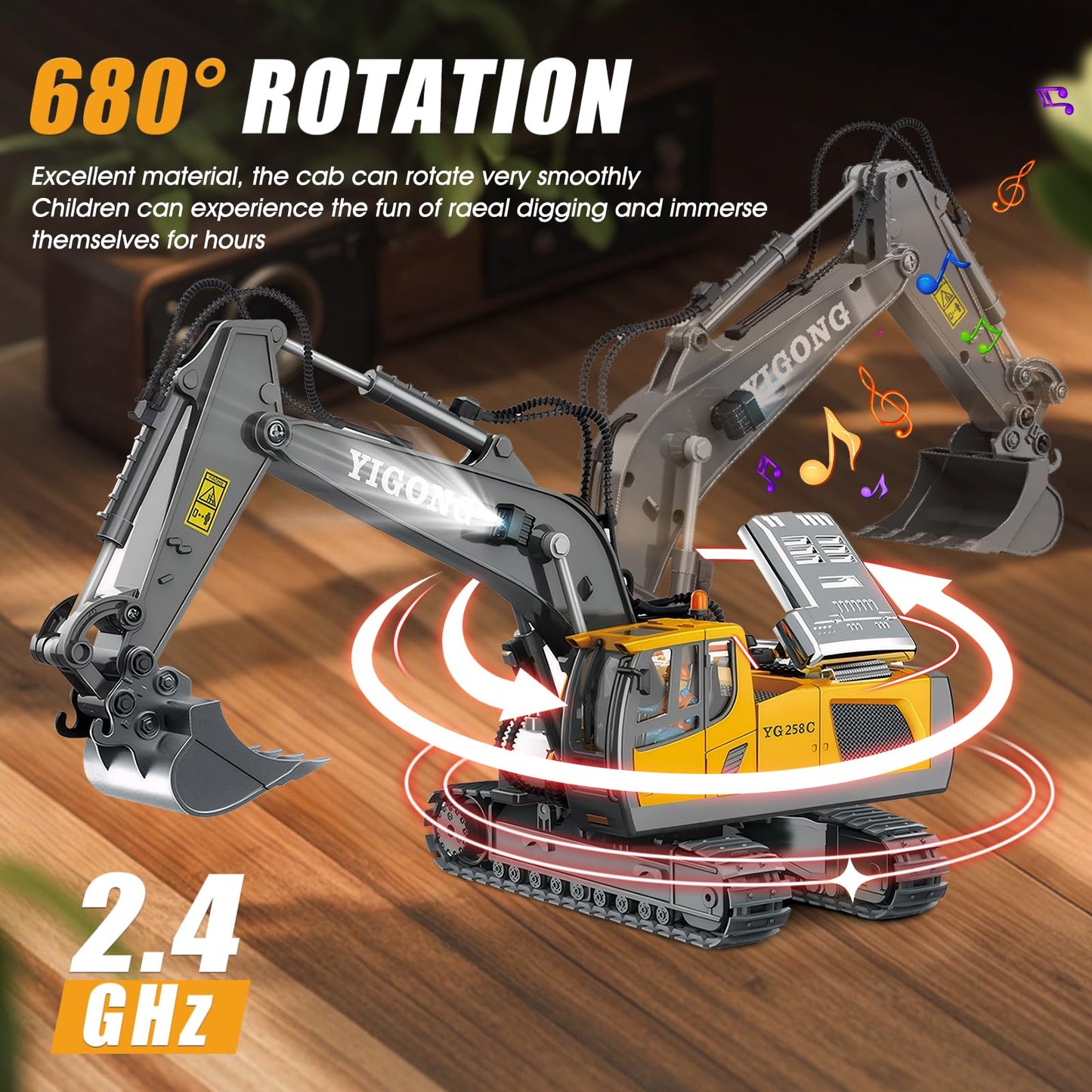 KIYTARBOO Remote Control Car Excavator Toy for ages 3 and up. Metal remote control sand vehicle, 11 channels, 2.4GHz RC excavator with lights and sound, 680° rotation. Great gift for boys aged 5-12.