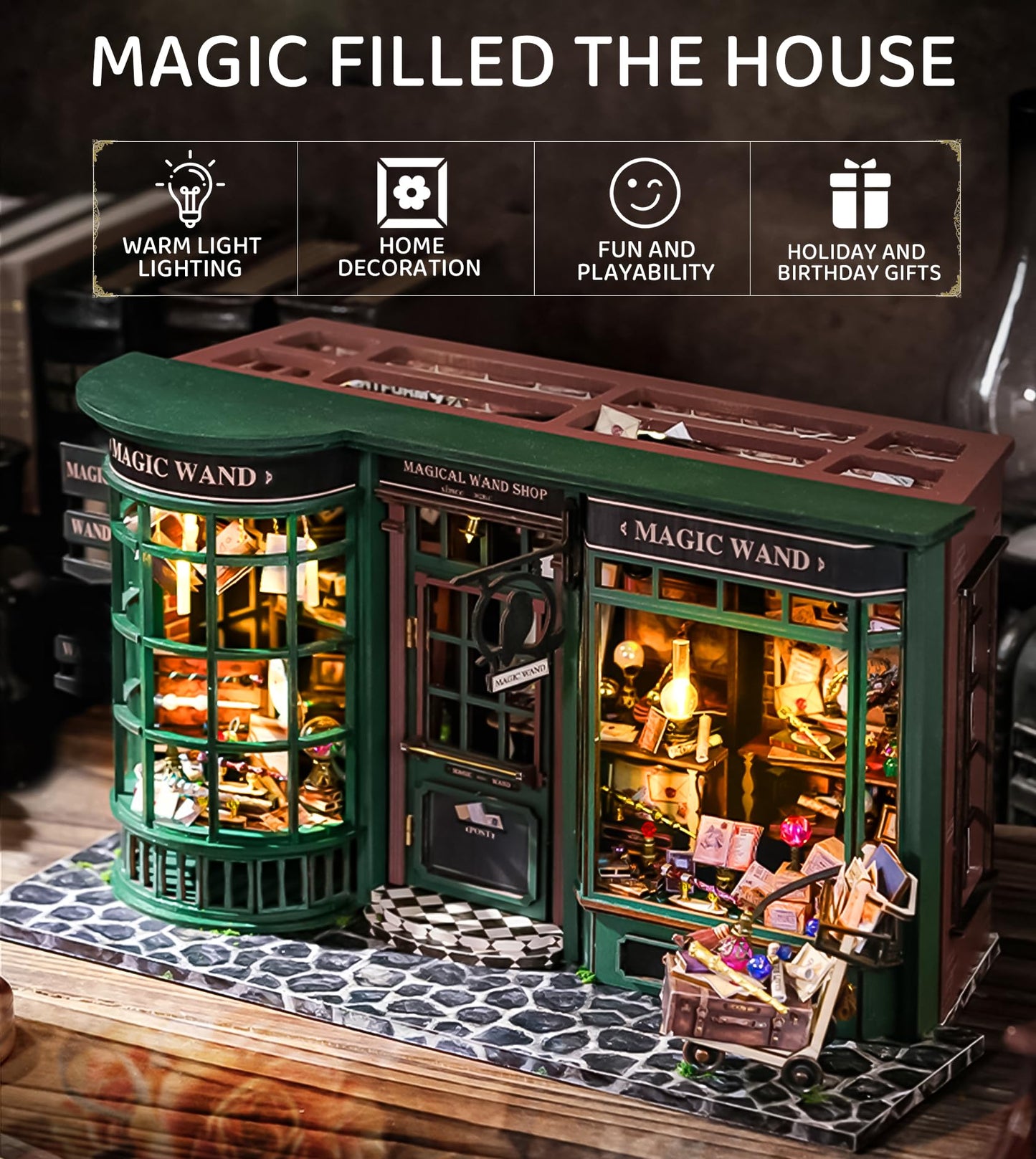 Spilay DIY Miniature House with wooden furniture, Miniature Dollhouse Kit with dust-proof cover and LED light, 1:24 Scale Creative Dollhouse Toy for Adults Gift (Magic House) F032