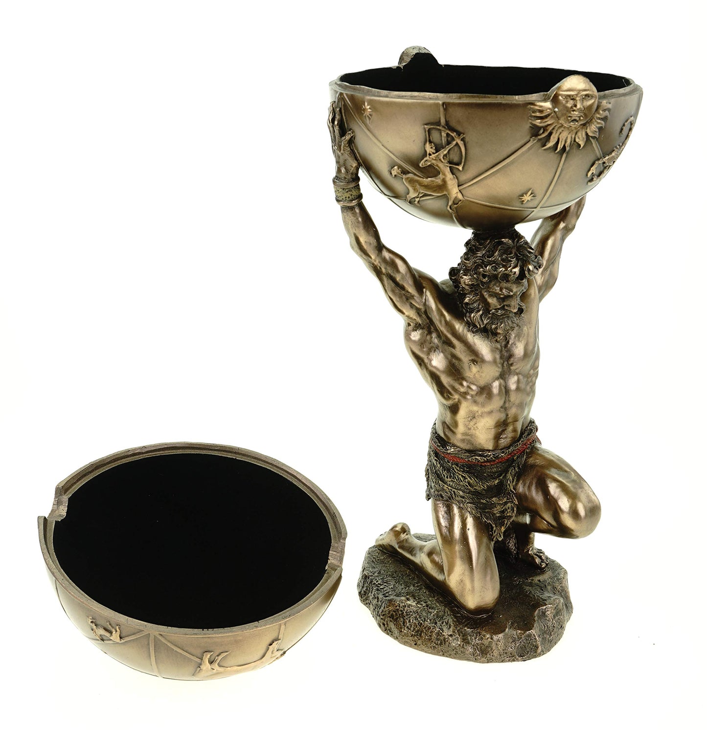 Atlas carries the world on his shoulders, bronze figure sculpture titan.