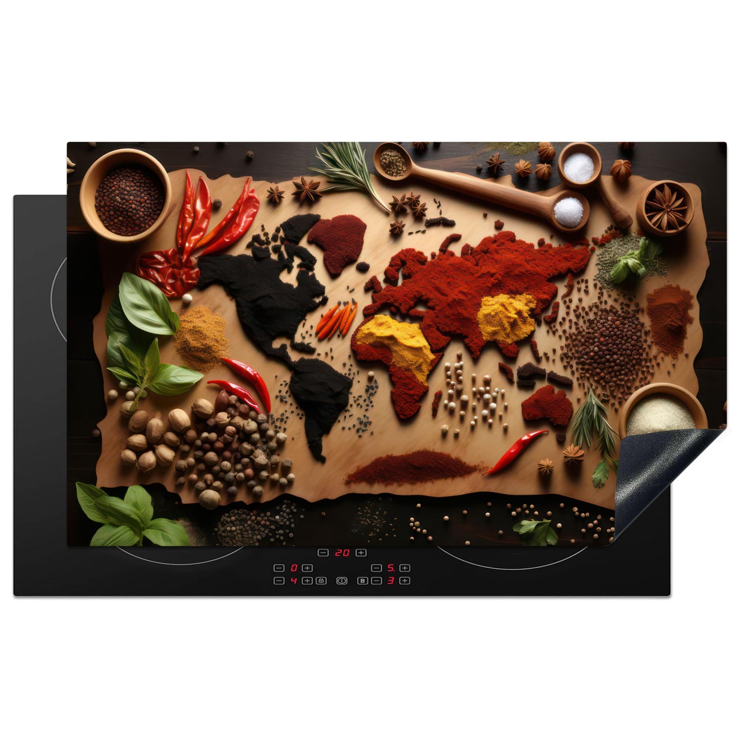 KitchenYeah© Induction stove cover protection mat kitchen stove cover induction mat ceramic hob cover herbs - spices - world map - brown - spoon - kitchen - 83x51 cm