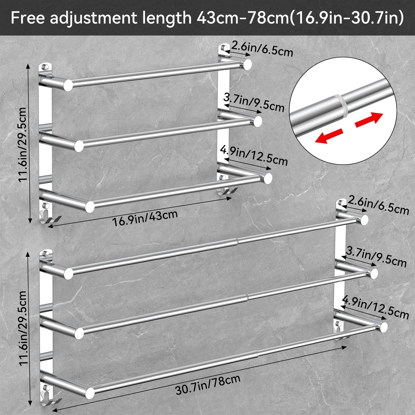 Towel rack Extendable 43-78CM without drilling Stainless steel double towel bar Bathroom Wall adhere bath towel holder wall mount (Silver 3-Bar)
