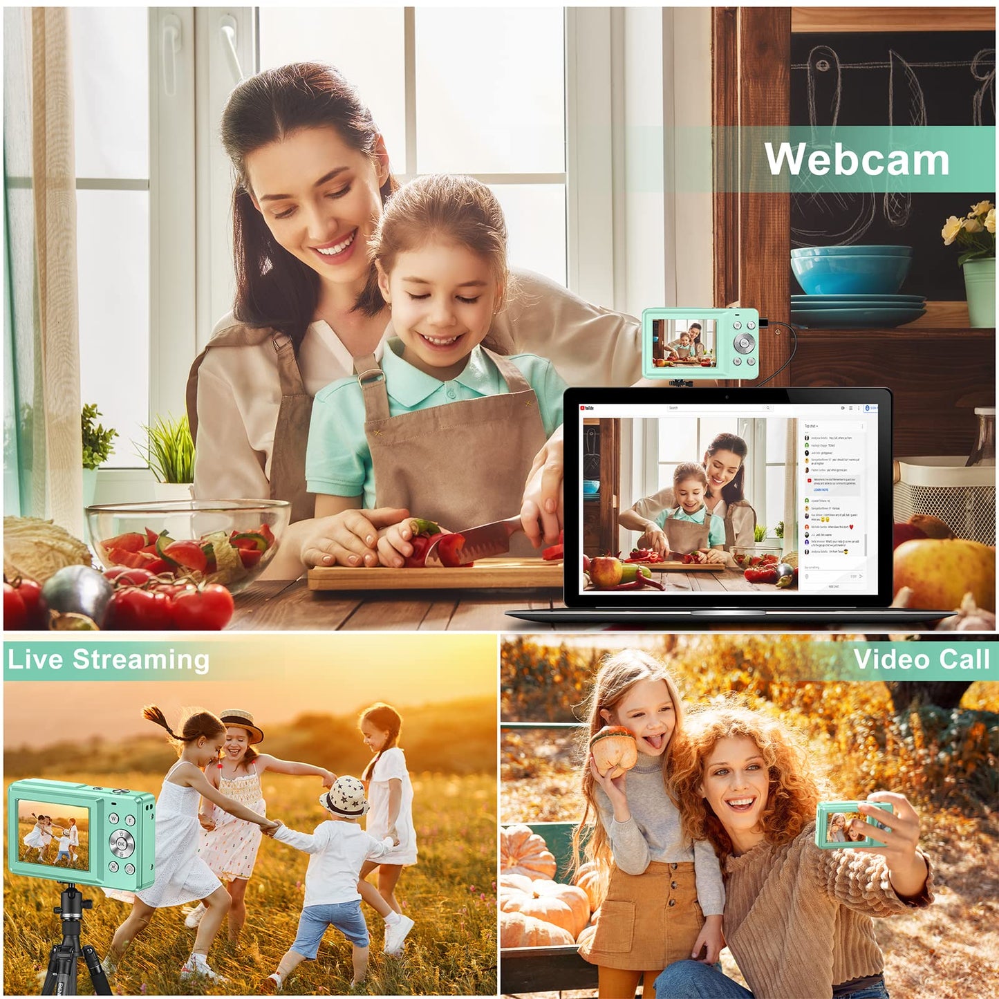 Digital camera 44MP 1080P HD photo camera with 32GB card, compact camera 16X digital zoom with 2 rechargeable batteries, camera for kids, teenagers, beginners, boys, girls (green)