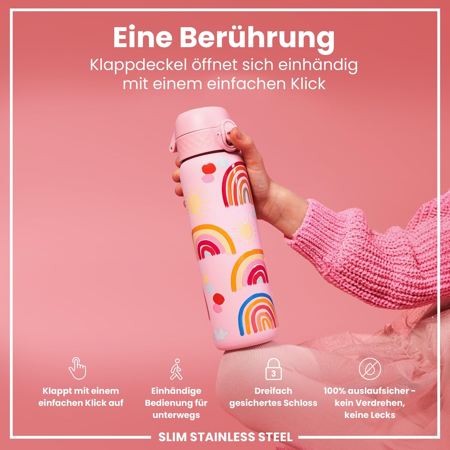 Ion8 Lightweight Steel Water Bottle 600ml Non-Insulated Leakproof One-Hand Opening Secure Lock Dishwasher Safe Flip Lid Carry Handle Easy to Clean, Rainbows