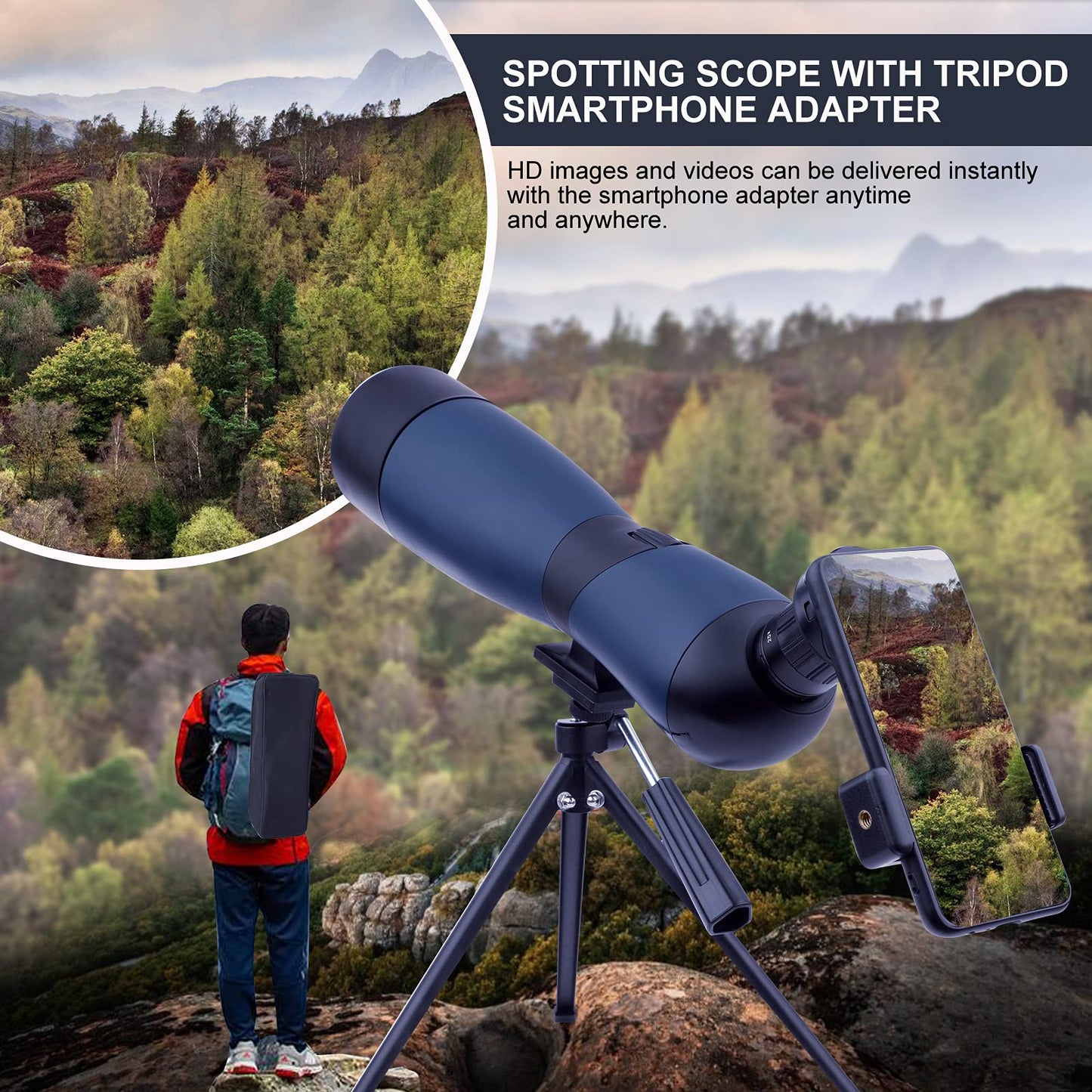 Target Shooting Spotting Scope - HD spotting scope with tripod carrying case & smartphone holder - BAK4 waterproof spotting scope for bird watching hunting wildlife scenery hunting wild animals stargazing (20-60x)