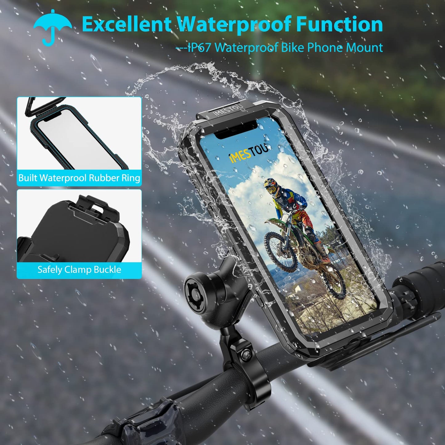 iMESTOU waterproof motorcycle phone mount bike phone holder 1" ball handlebar stem mobile holder anti-theft 720° rotation aluminum base for 5.5"-6.8" cellphones (L)