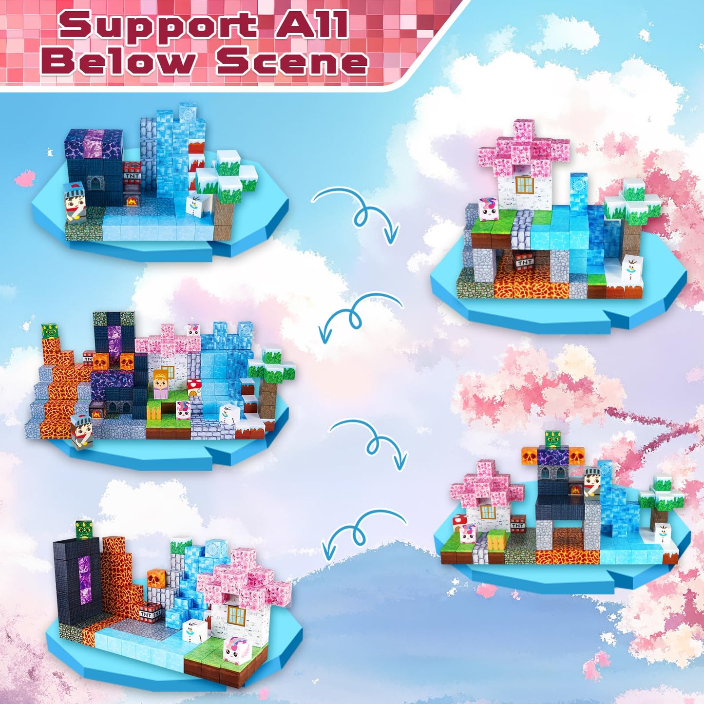 ToyUnited Magnetic Building Blocks 150 Pieces Magnet Blocks "Dragon Adventure" - Fantasy world with volcano, knights & magical cherry blossoms, toy for kids ages 4 5 6 7 8 9 years