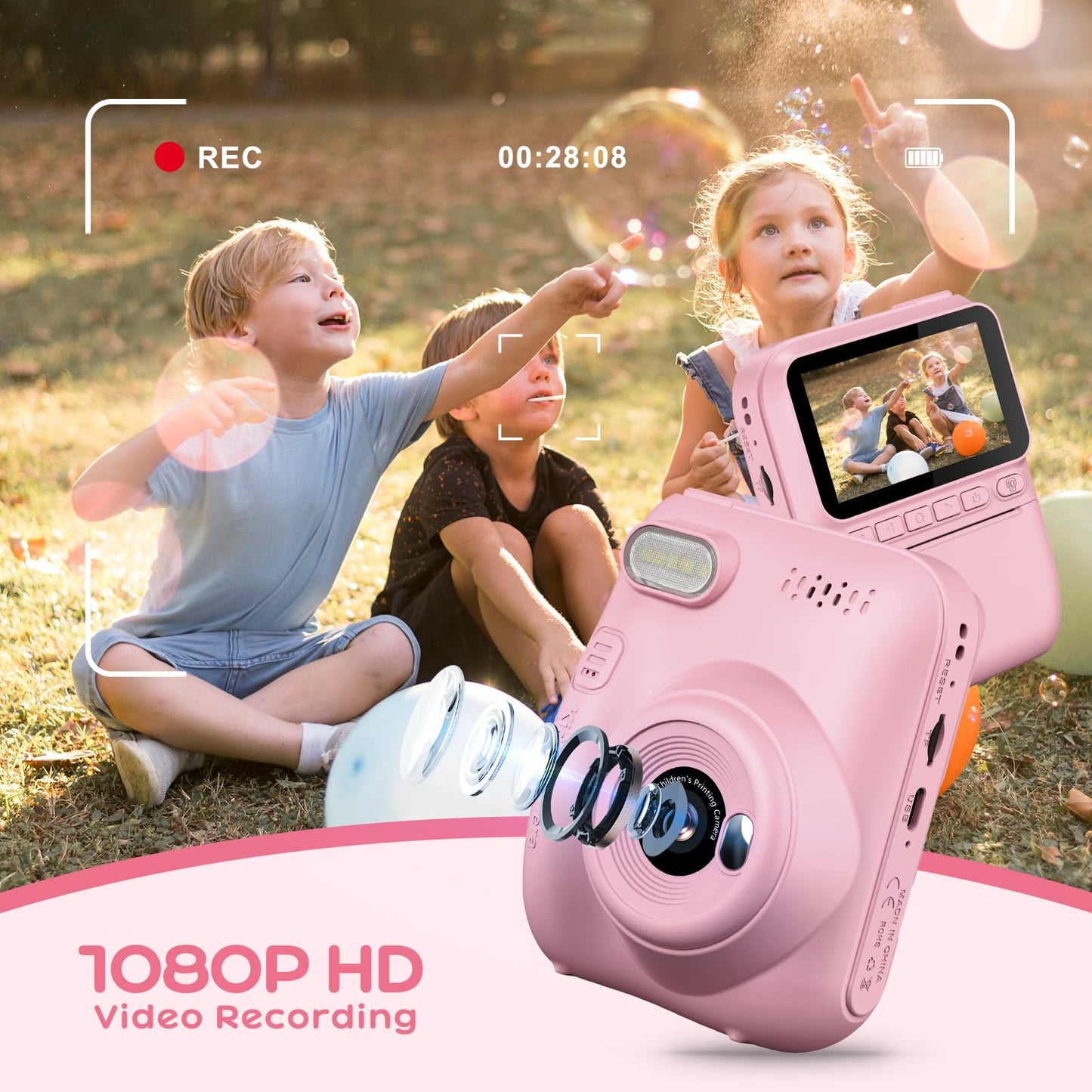 GREENKINDER Instant Camera for Kids, 14MP 3.0 Inch Screen Kids Camera Instant Camera with 32G Card, Printing Paper & Colored Pens, 1080P Kids Camera Instant Print, 3-12 Years