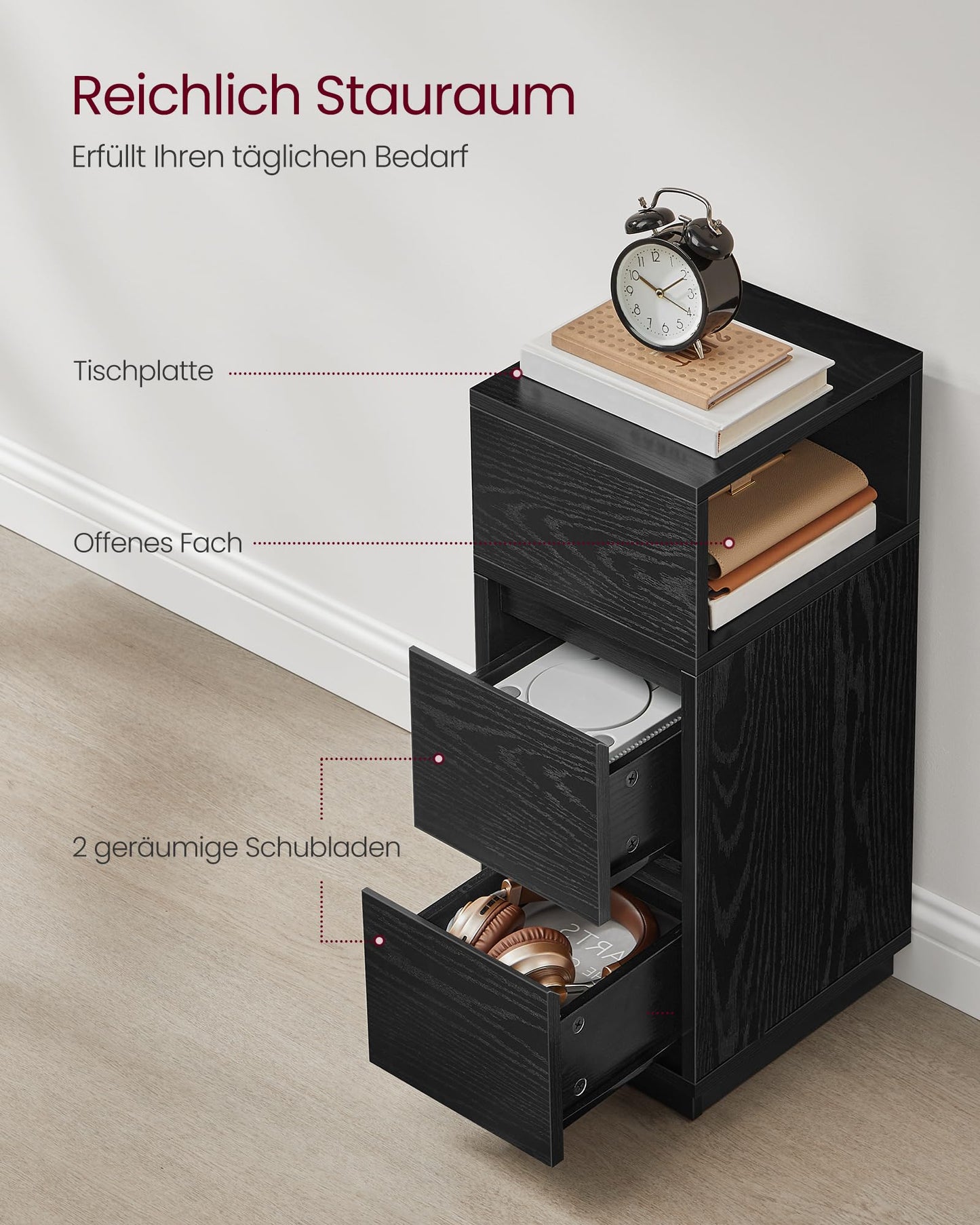 VASAGLE nightstand, narrow, side table with 2 drawers, open compartment can be mounted on the left or right flexibly, for bedroom, living room, ebony black LET656B56