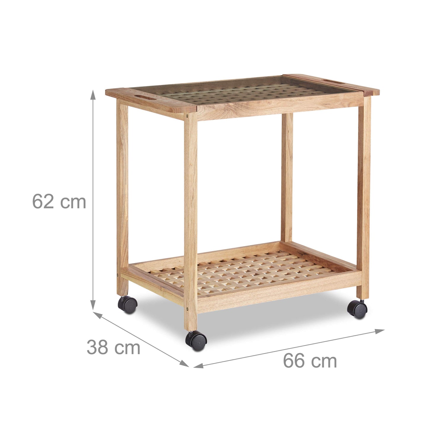 Relaxdays kitchen trolley on wheels, wooden serving cart with glass top, 2 tier rolling cart, HxWxD: 62 x 66 x 38 cm, natural, brown.