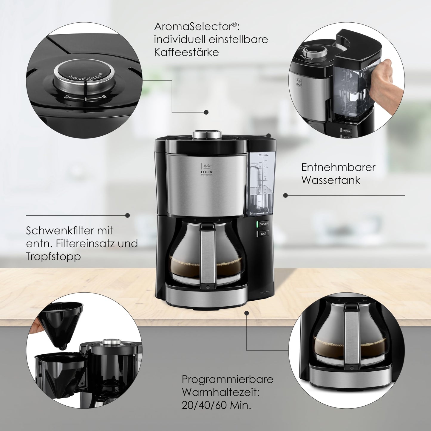 Melitta Look Perfection - Coffeemaker with removable water tank, glass carafe and drip stop, for up to 10 cups of coffee, black.