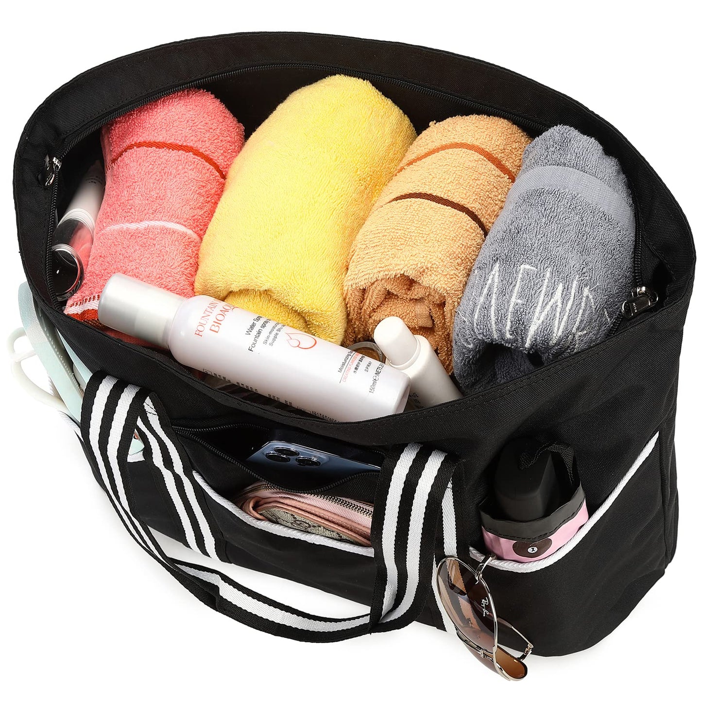 LEDAOU Large Beach Bag Women Shoulder Bag Handbag Waterproof Sandproof Zipper Pool Picnic Gym Travel Bag (B-Black)