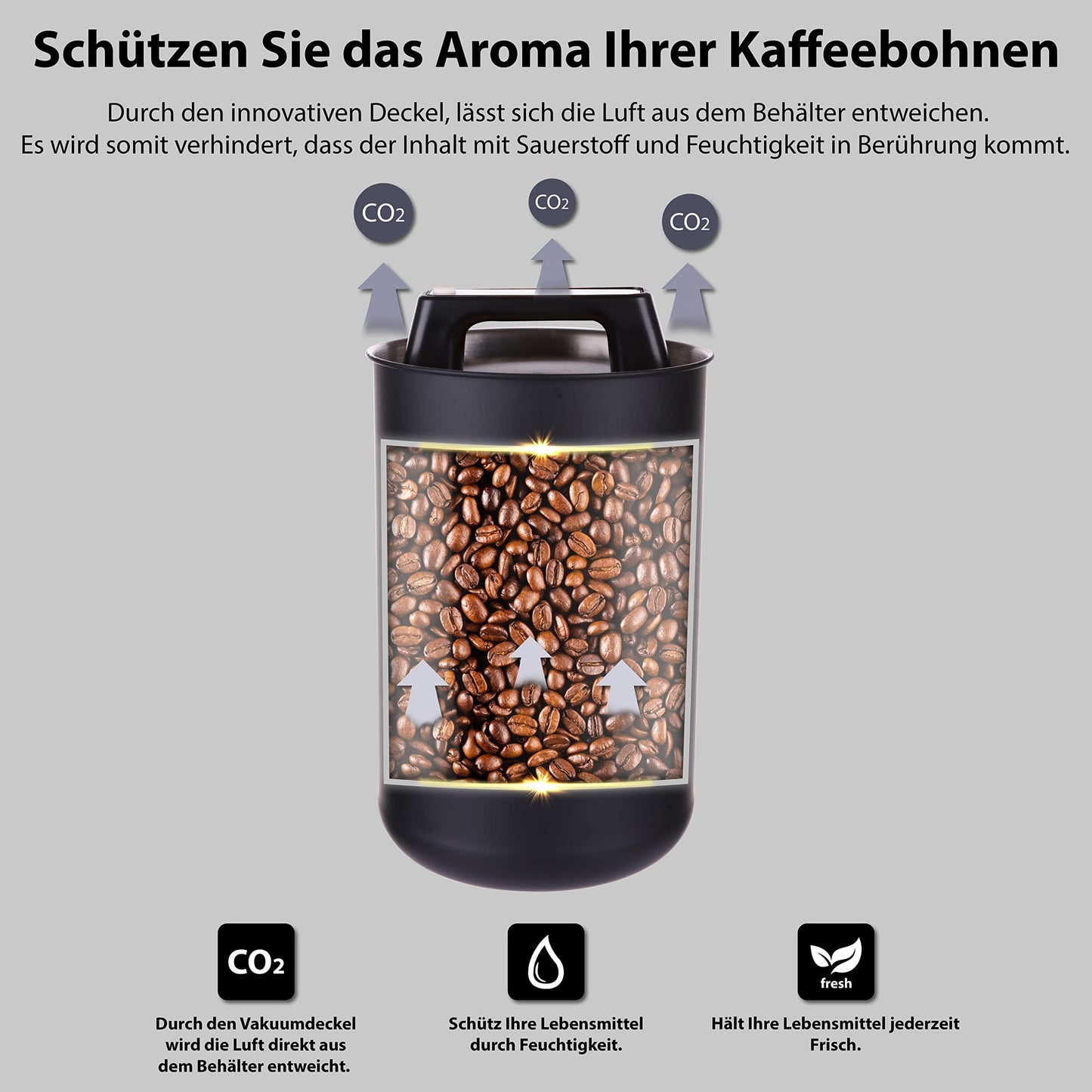 KC Kitchen & Co. Coffee canister airtight for 1 kg coffee beans - Stainless steel storage container with vacuum lid & aroma seal - Storage canister for coffee, tea, sugar, muesli - Gray (2800 ml)