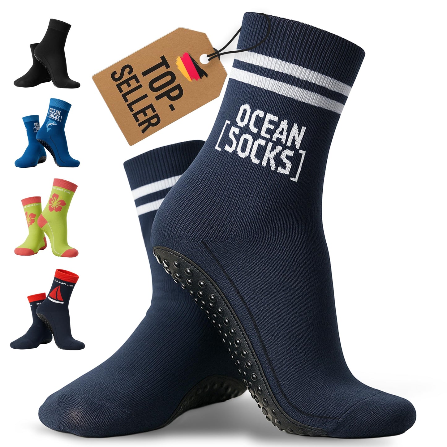 OceanSocks beach socks - barefoot socks with sole for beach, water, mudflat, boat & trampoline - aqua shoes for women, men & children.