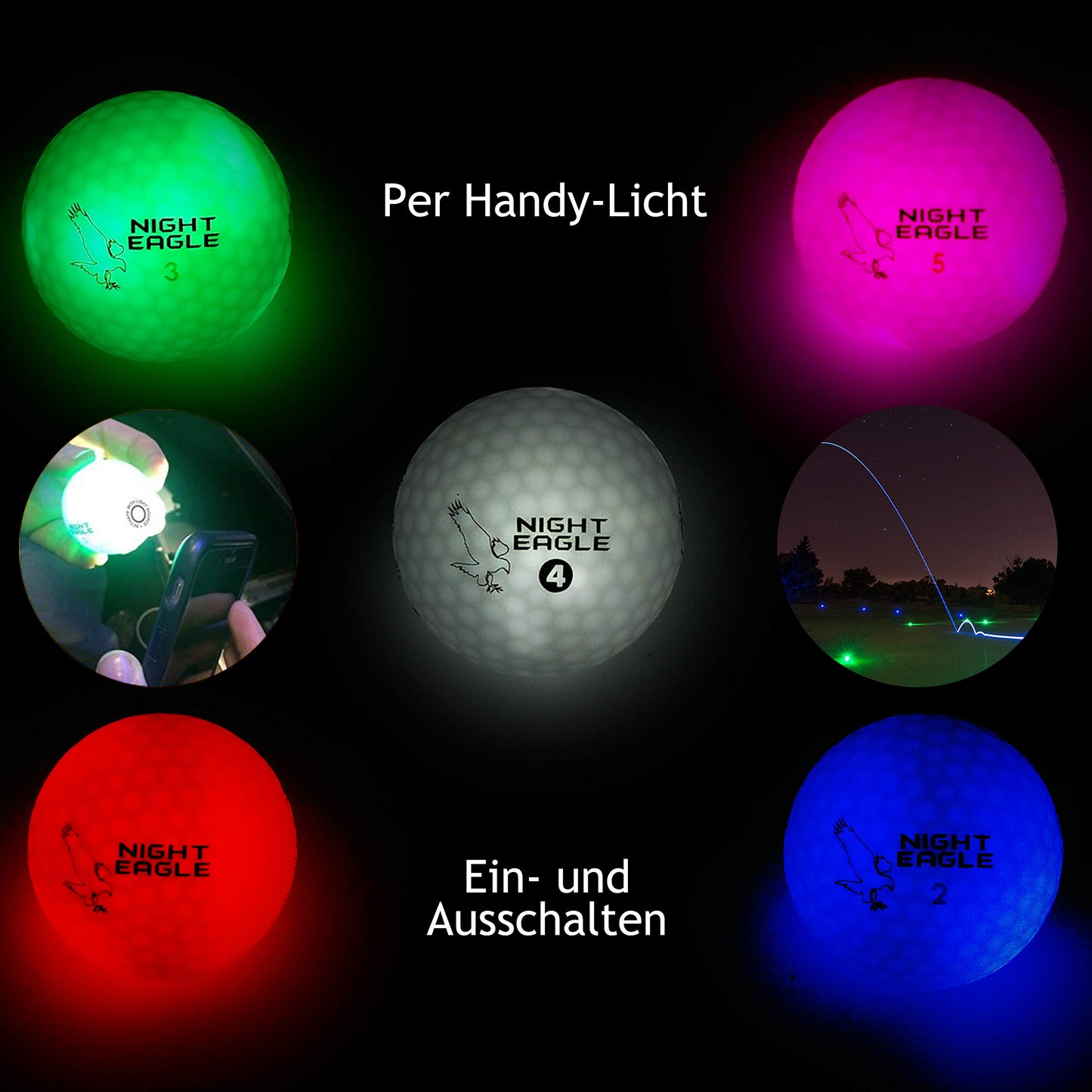 Night Eagle 6 LED Golf Balls Light-Up - Night golf glows red blue green pink white Funny golf gift colorful (Red)