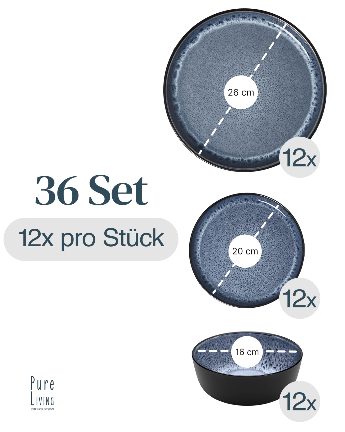 Stoneware dinnerware set for 12 people Ibiza 36 pieces. AWARD WINNER, Dreamy Mediterranean Stoneware Dinnerware Set, bowl and plate set, tableware for 12 people, dish sets Pure Living in smokey blue.