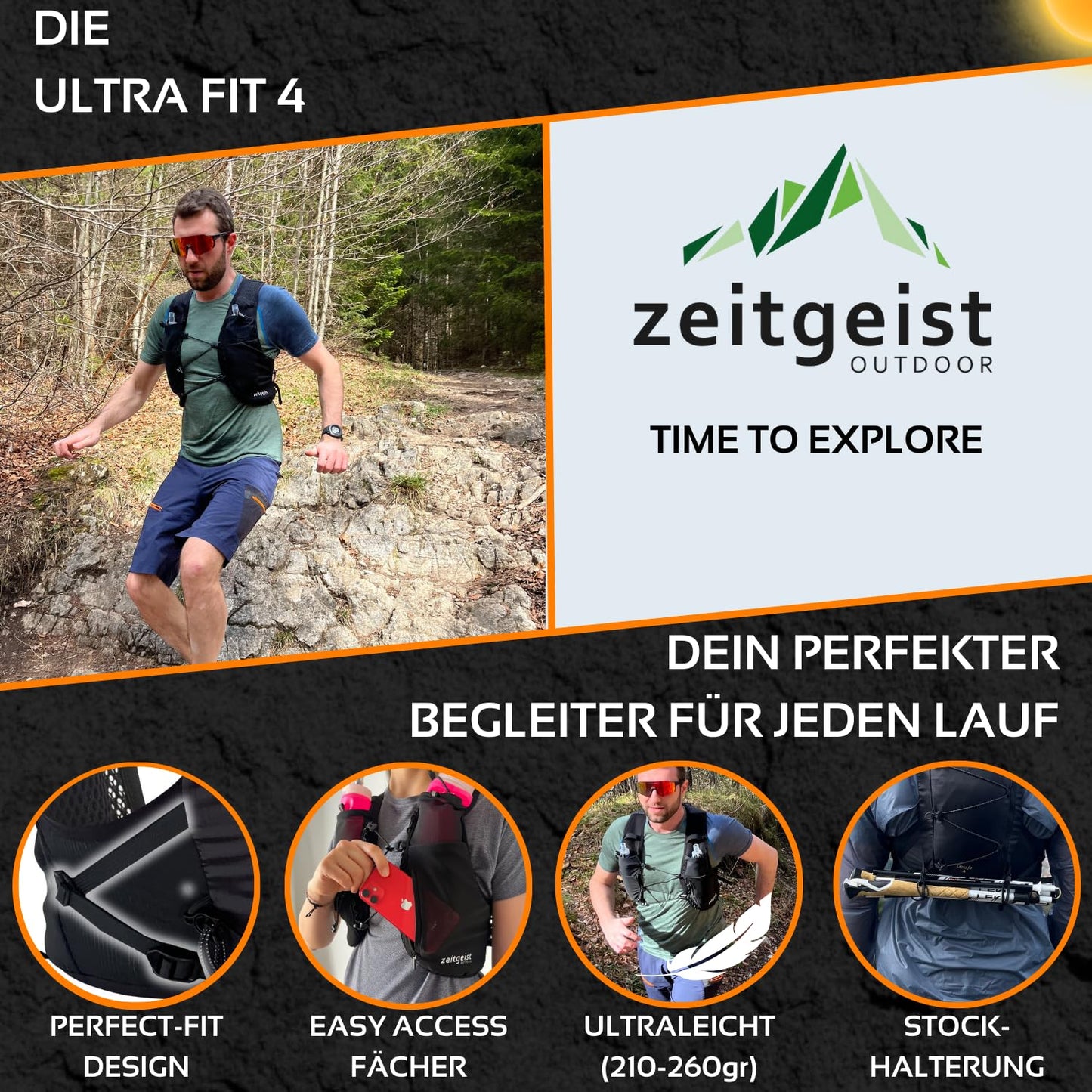 zeitgeist OUTDOOR® running vest for women and men 4L | optimal fit | breathable | ultra-light running backpack 210gr hydration pack running cycling backpack trail running backpack - (XS/S, black)