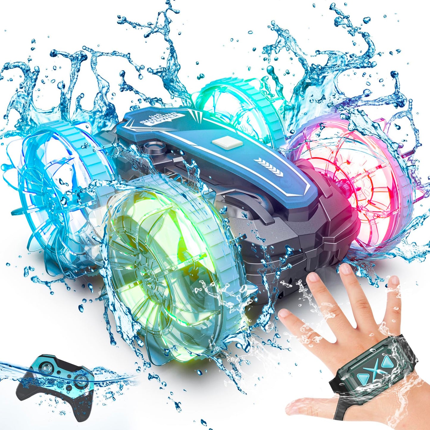 Tecnock Amphibious Remote Control Car, 4WD 360° Rotating Gesture Sensor Stunt RC Car with Lights, Remote Control Boat with Waterproof Remote, Gifts Toy for 3-8+ Years (with Watch)