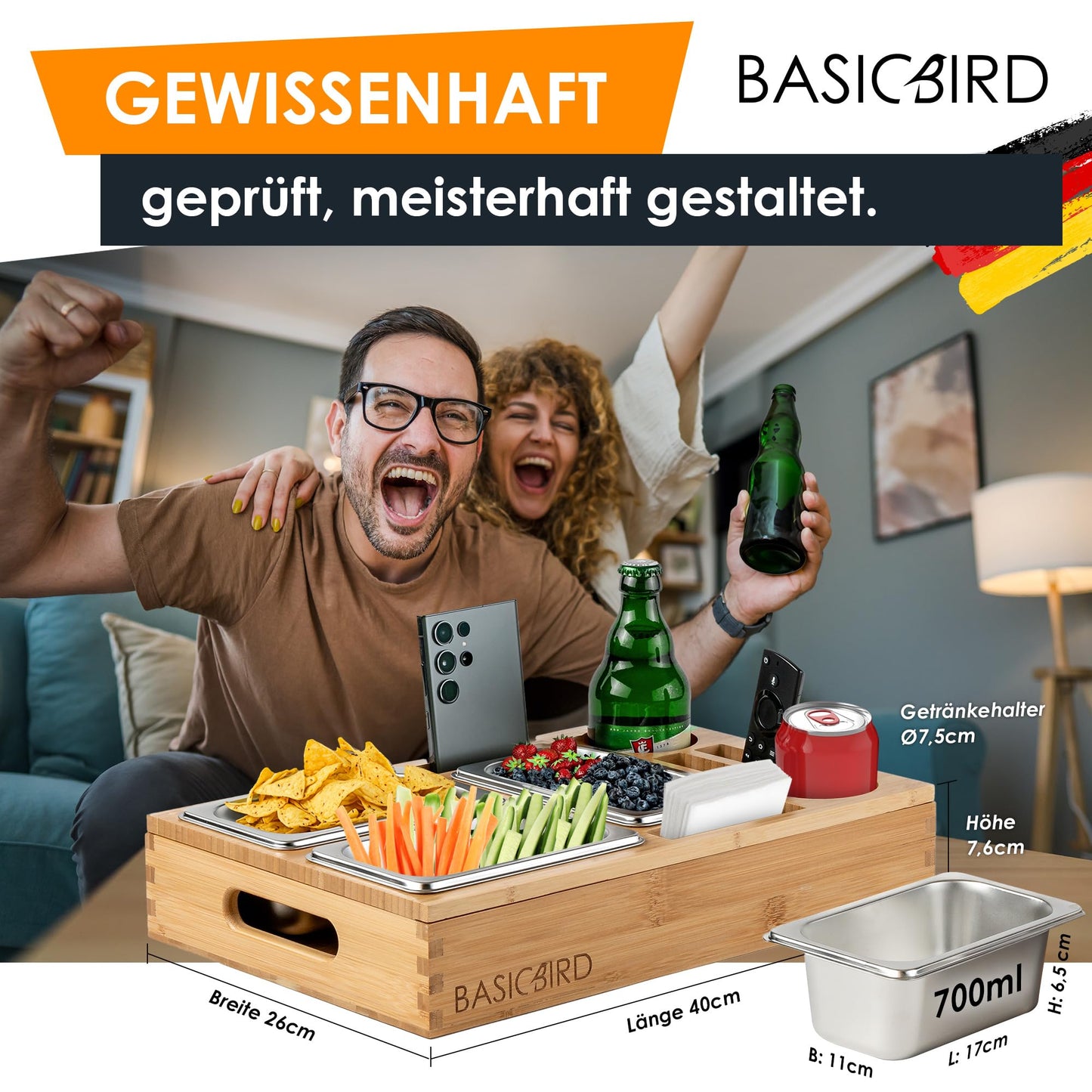 BASICBIRD® Couchbar Snackbox - Organizer Tray - Snack dispenser with 3X snack bowls - Wood sofa tray for sofa, decor, couch bar with drink holder - Snackbox with compartments - RV equipment