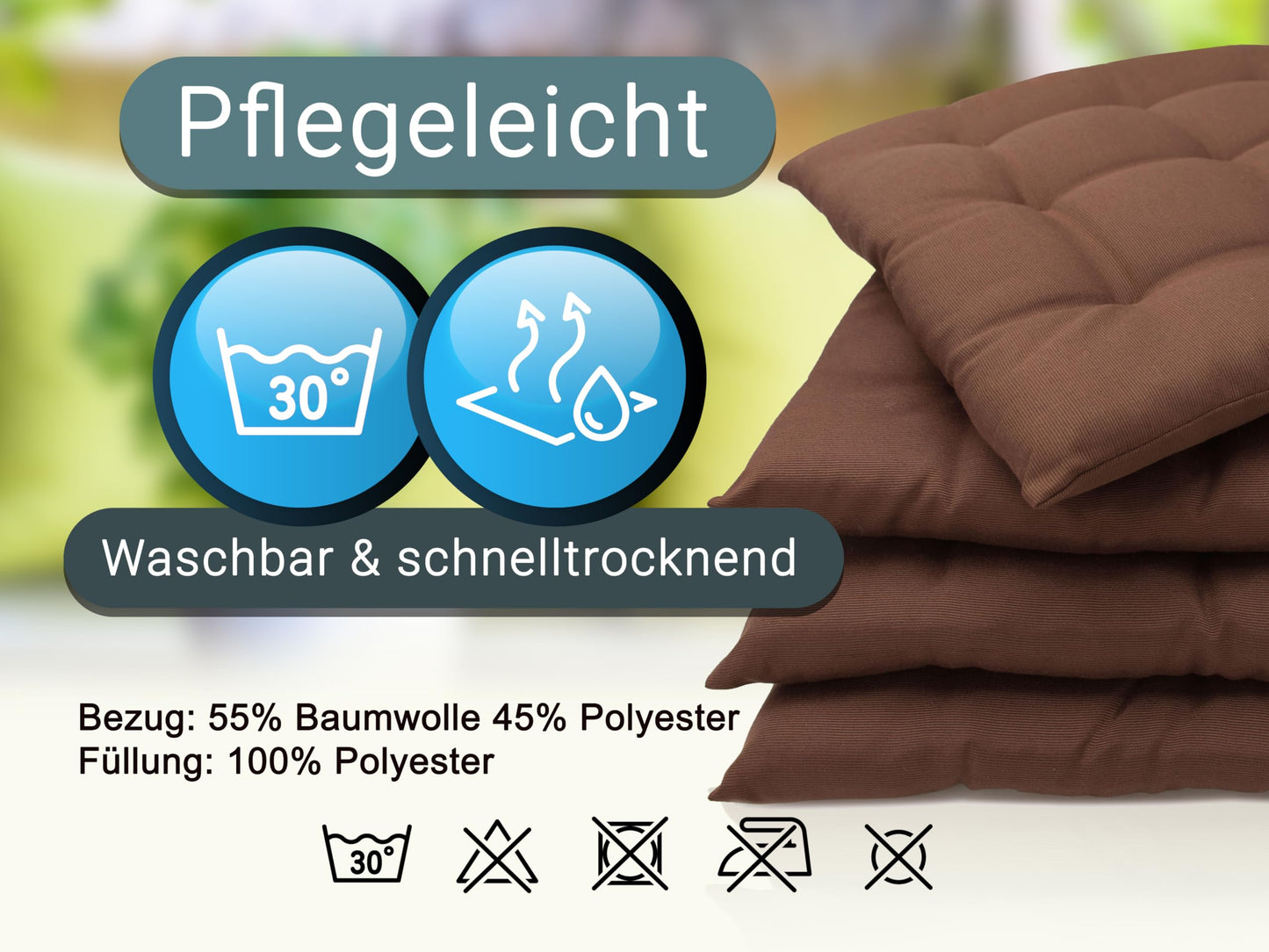 ZOLLNER 8-piece set seat cushions in 40x40cm - comfortable chair cushions with tie straps - washable up to 30°C - in brown - Oeko Tex® certified