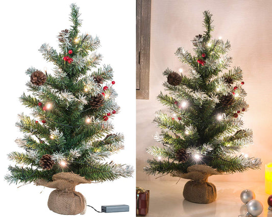 British Fir Tree Decoration: Decorative Christmas tree with 30 LEDs, pine cones, and yew berries, 60 cm (small Christmas tree, small fir trees, wireless Christmas tree lighting)