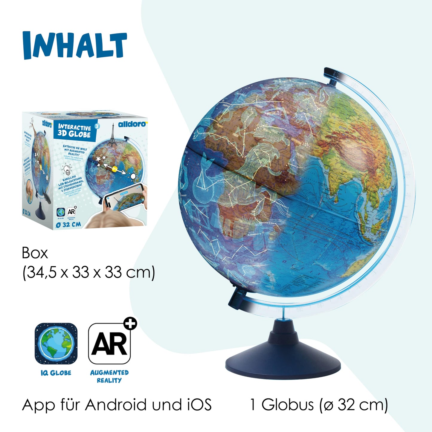 alldoro 68640 Interactive 3D Globe Ø 32 cm, children's globe with relief, German map image & zodiac signs, with app function, wireless & illuminated.